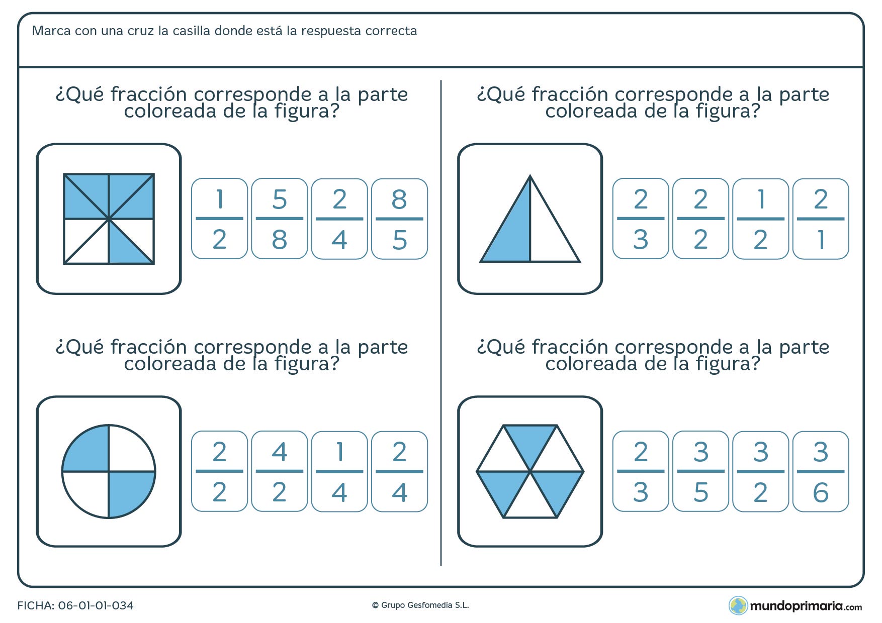 Ficha consistente en relacionar la parte coloreada de las distintas figuras con una de las fracciones que se proponen