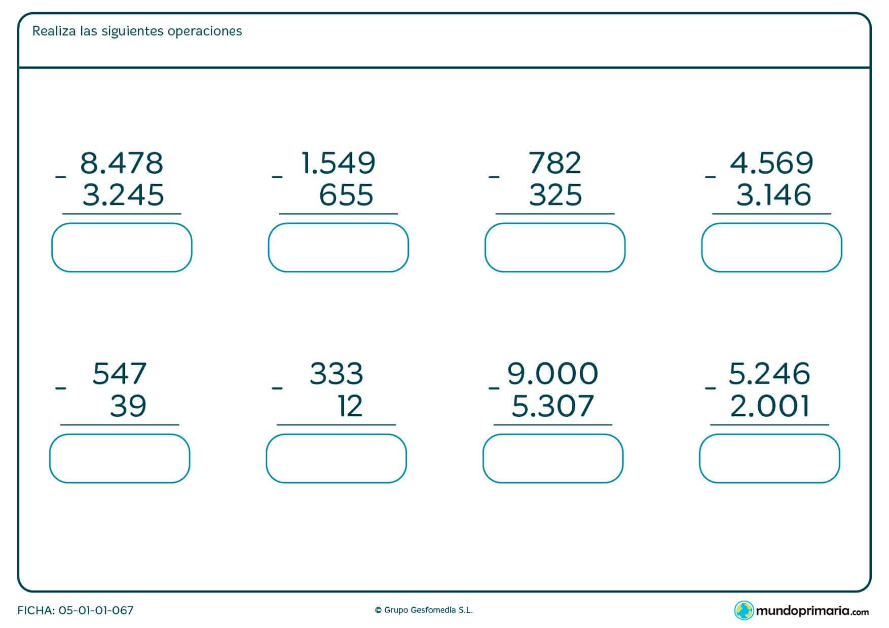 Halla la solucion de estas restas verticales de números de hasta 4 cifras.