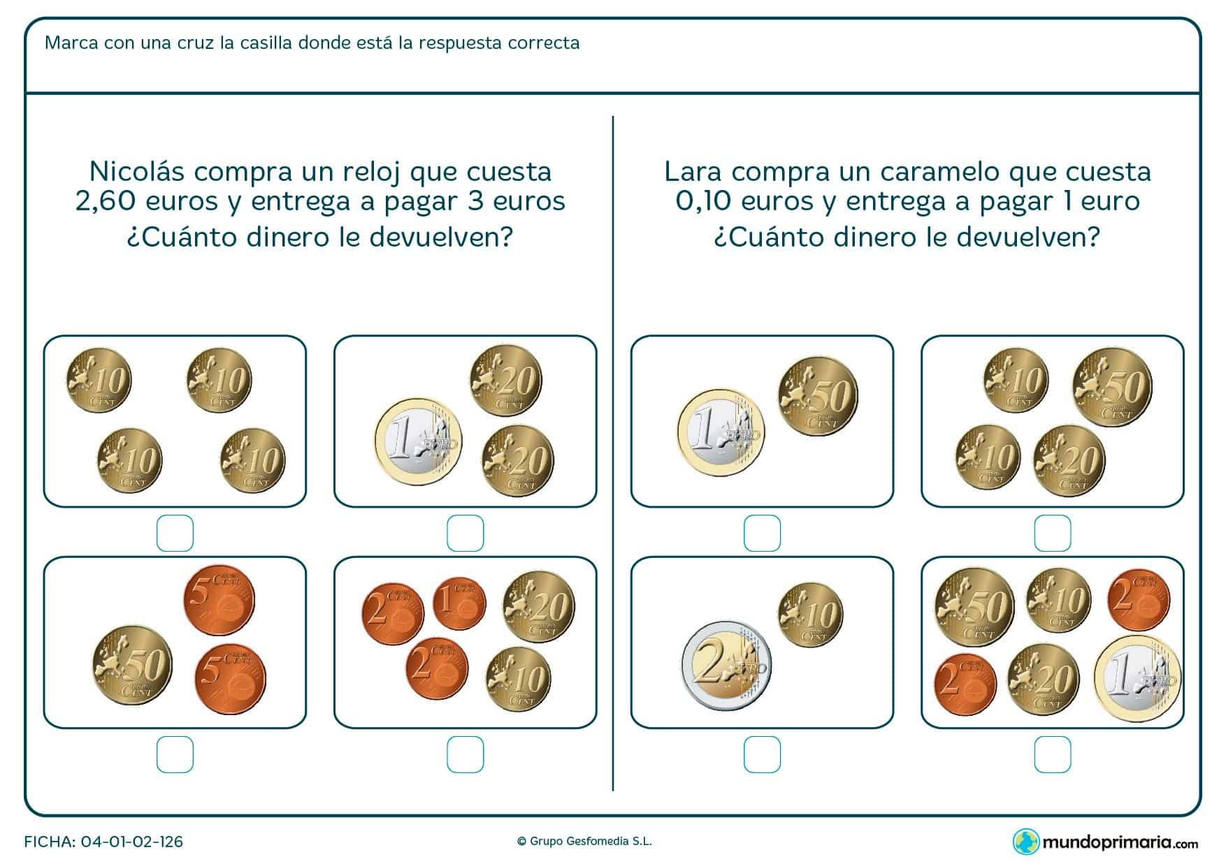 Ficha de saber el dinero a devolver para niños de segundo de Primaria en la que los niños calcularán el cambio correcto tras haber comprado un objeto.