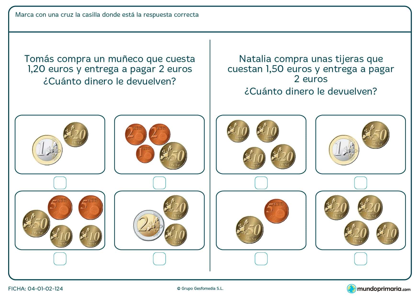 Ficha de seleccionar el dinero a devolver para niños de Primaria por la que tendrán que elegir el cambio correcto tras una compra.