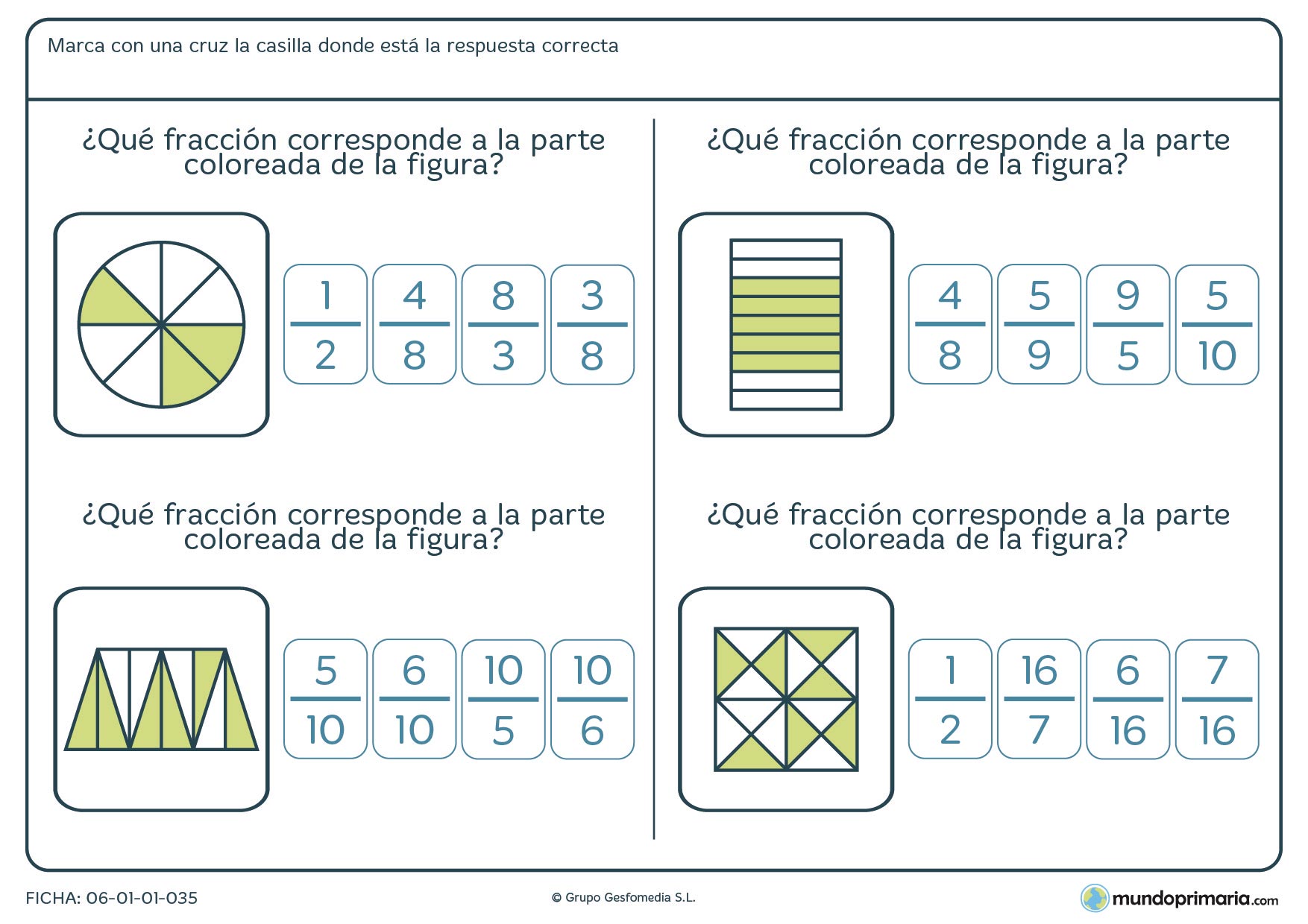 Ficha de señalar la fracción que corresponde al relleno de color de las figuras propuestas en cada ejercicio