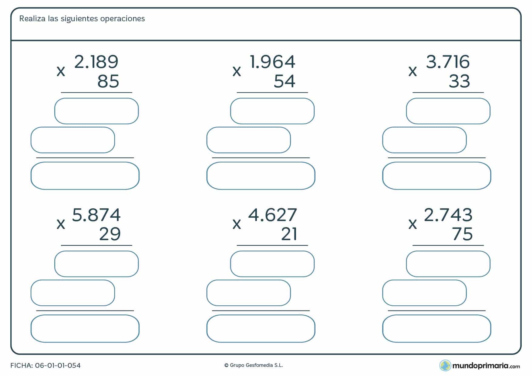 Ficha de seis operaciones de solucionar multiplicaciones de 2 cifras para niños de 4º de Primaria.