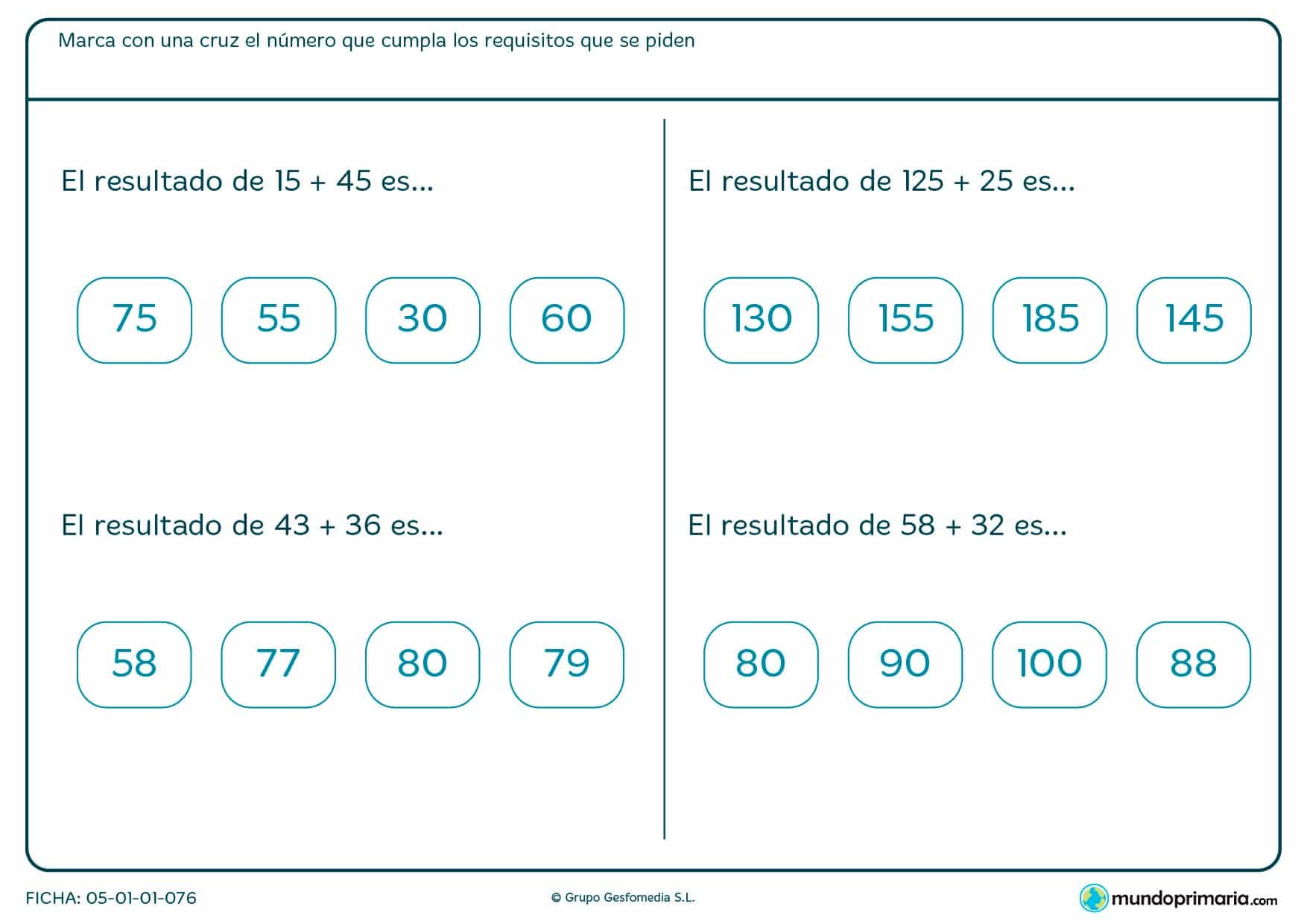 Marca con una cruz el resultado de estas sumas y restas horizontales.