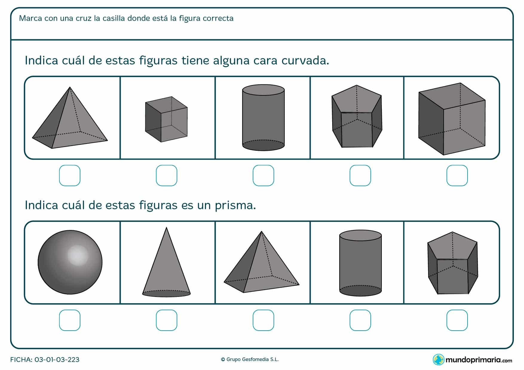 Ficha de superficies curvas en el que hay que marcar con una cruz la casilla en la que se encuentre la figura correcta.