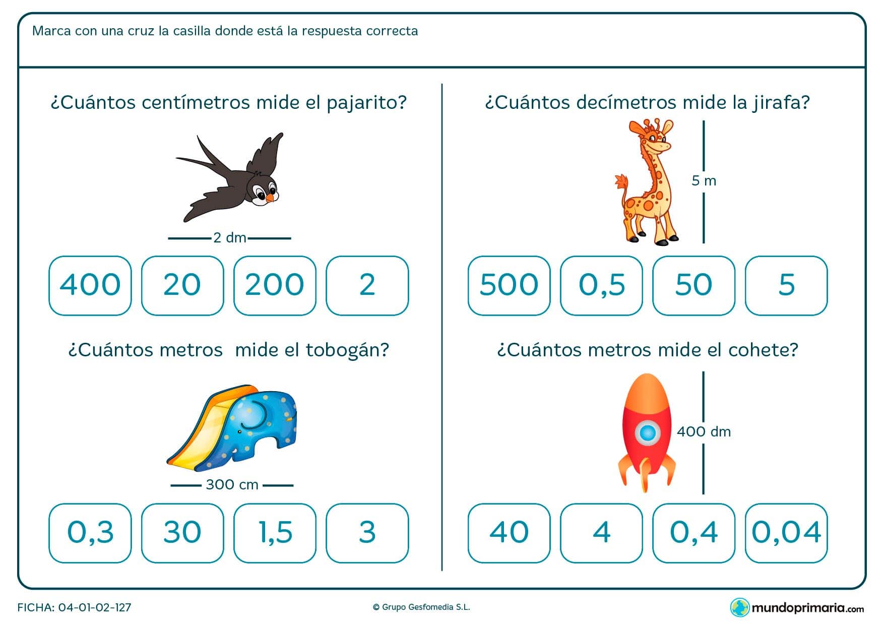 Ficha de tomar medidas de objetos para niños de Primaria en la que tendrán que identificar una medida y su equivalencia.