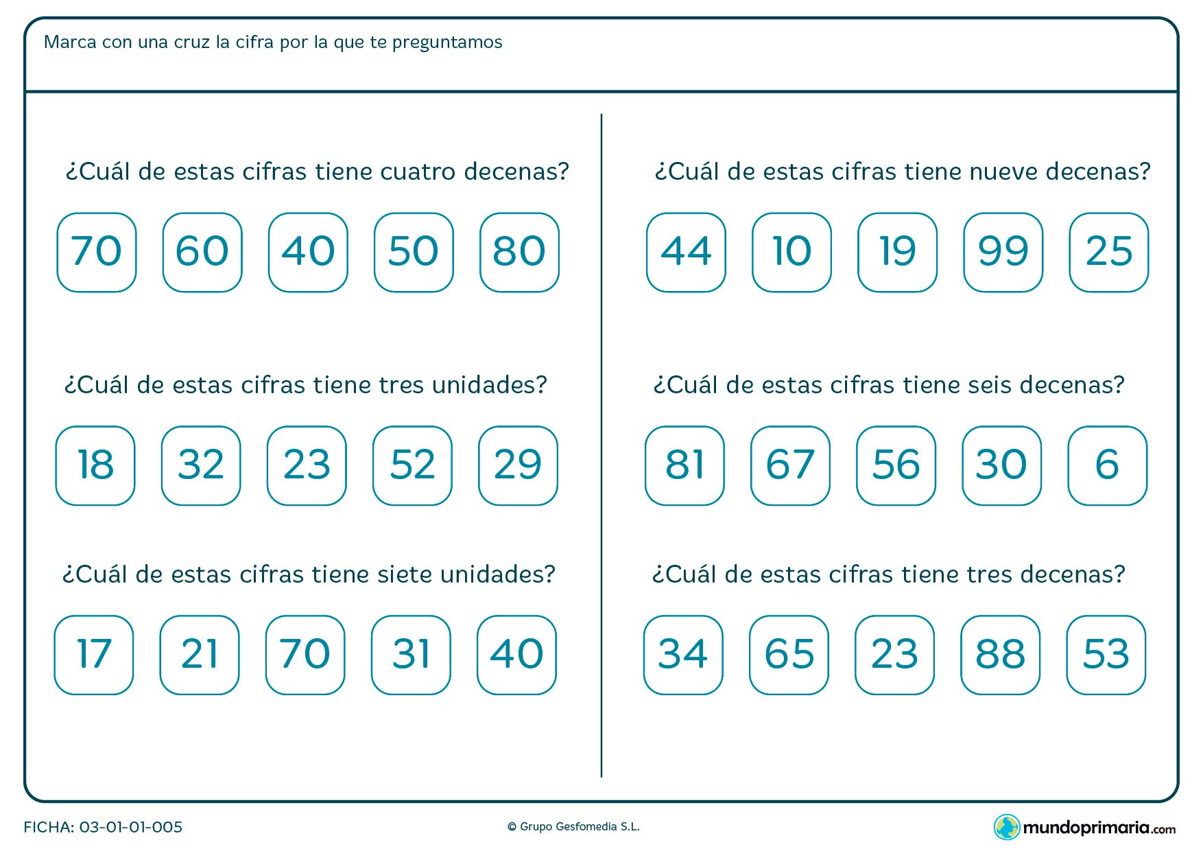 Ficha de unidades y decenas de los números para marcar la respuesta correcta de las opciontes dadas.