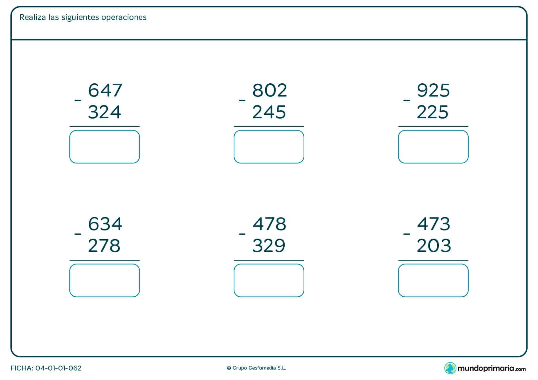 Ficha de aprender a restar con tres cifras para Primaria por la que los niños tendrán que realizar las restas propuestas y colocar el resultado en el cuadro habilitado.
