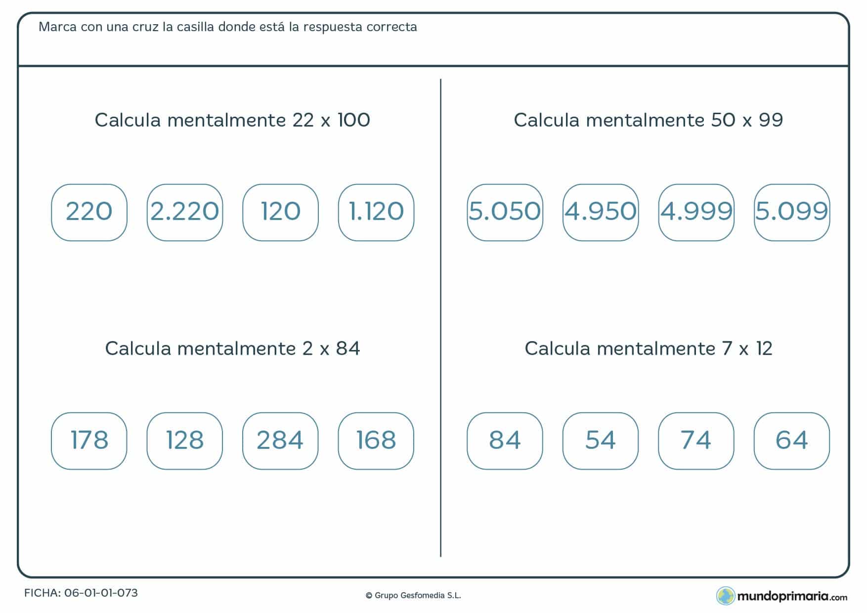 Ficha de calcular mentalmente multiplicaciones recomendada para alumnos de 4º de Primaria