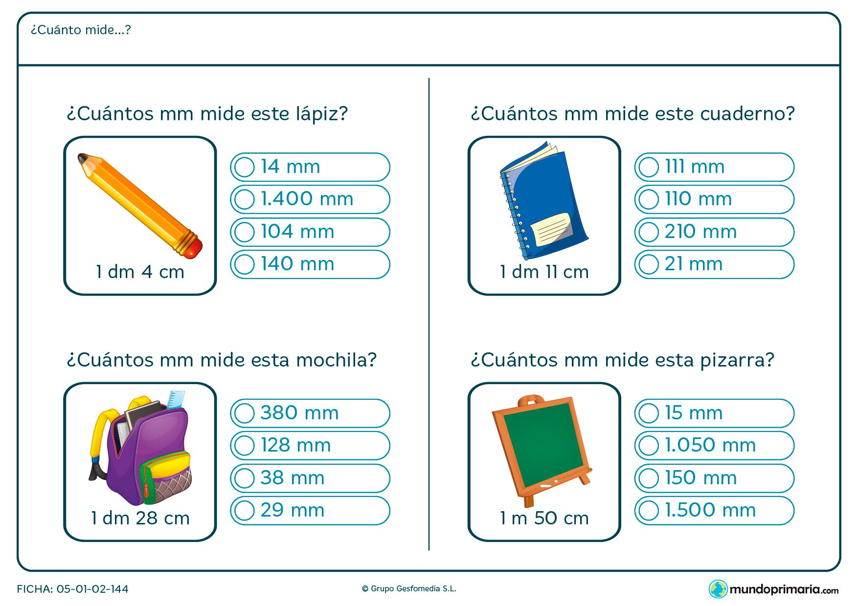 Ficha de cambiar de expresiones complejas a expresiones simples con medidas de longitud.