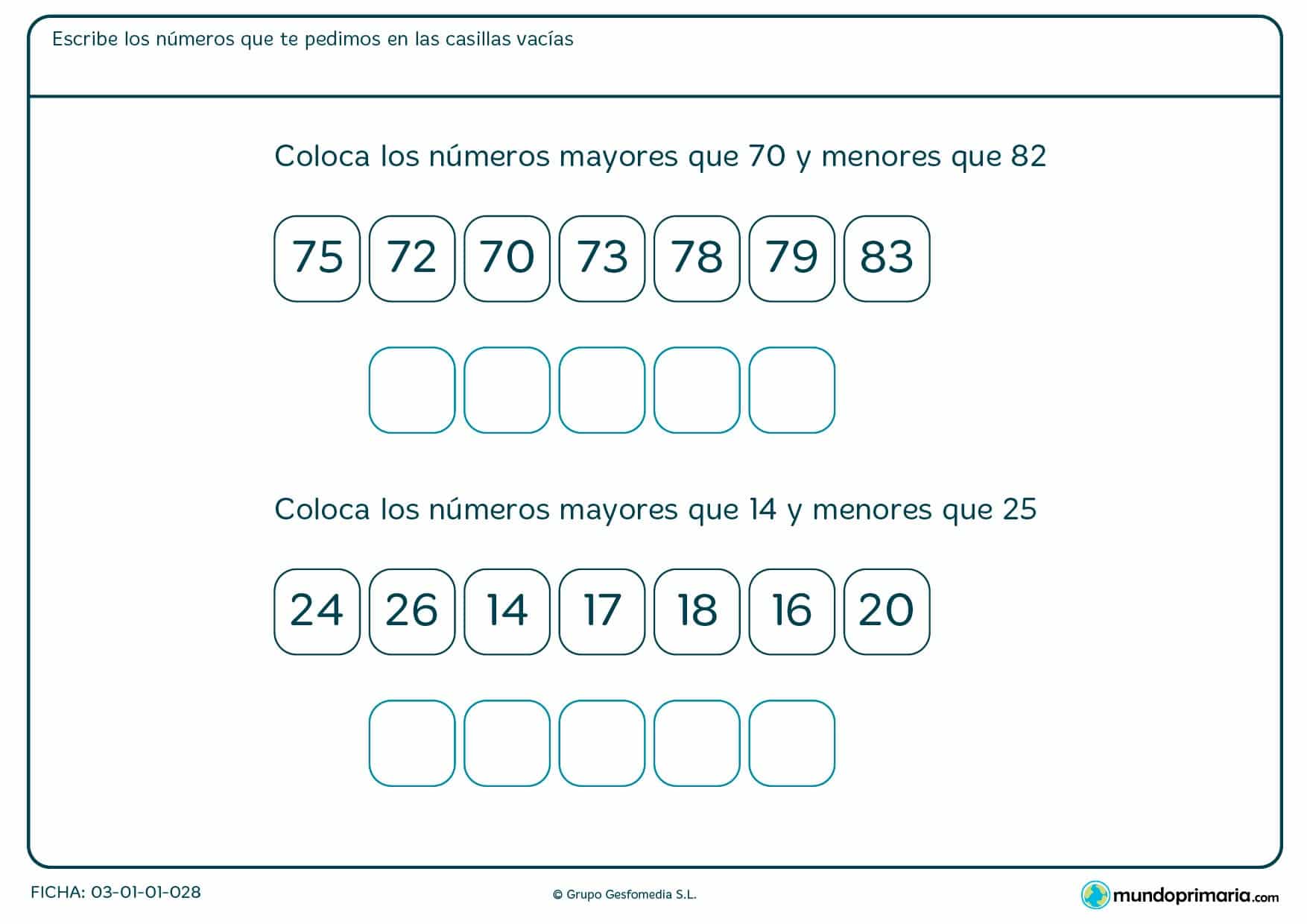 Ficha de colocar números entre el 70 y 82 en las casillas que se encuentran vacías tal como se indica en el enunciado.