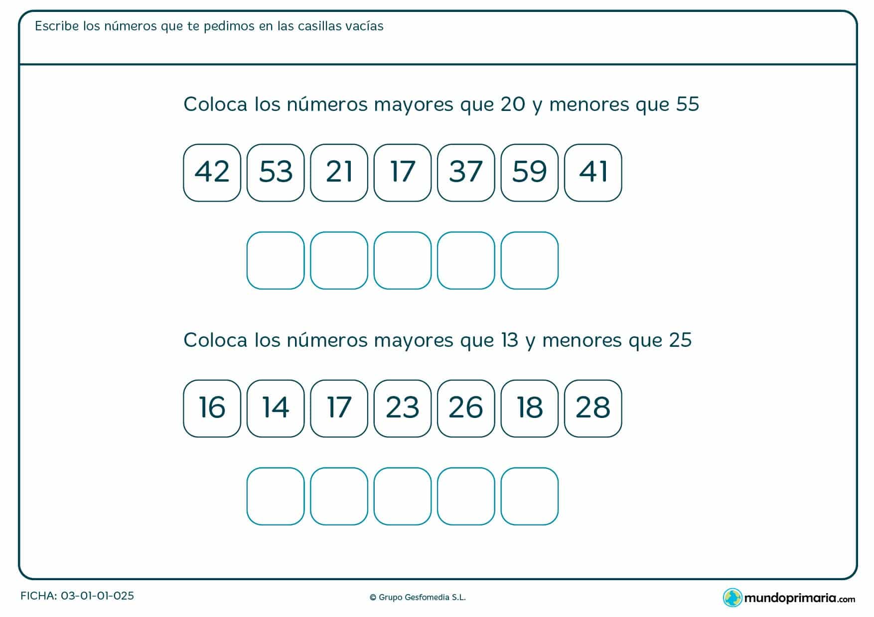 Ficha de colocar un intervalo de números que te vienen en el ejercicio en las casillas que se encuentran vacías