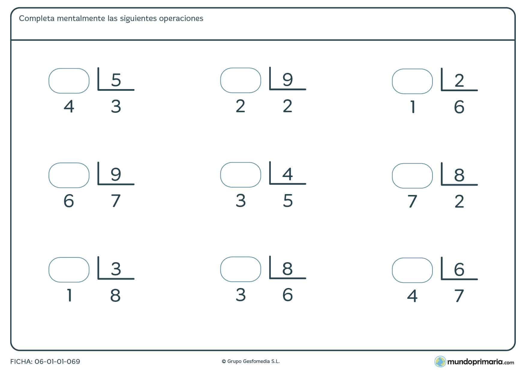 Ficha con nueve divisiones de las cuales hay que calcular el dividendo. Repasa hallando dividendos de divisiones