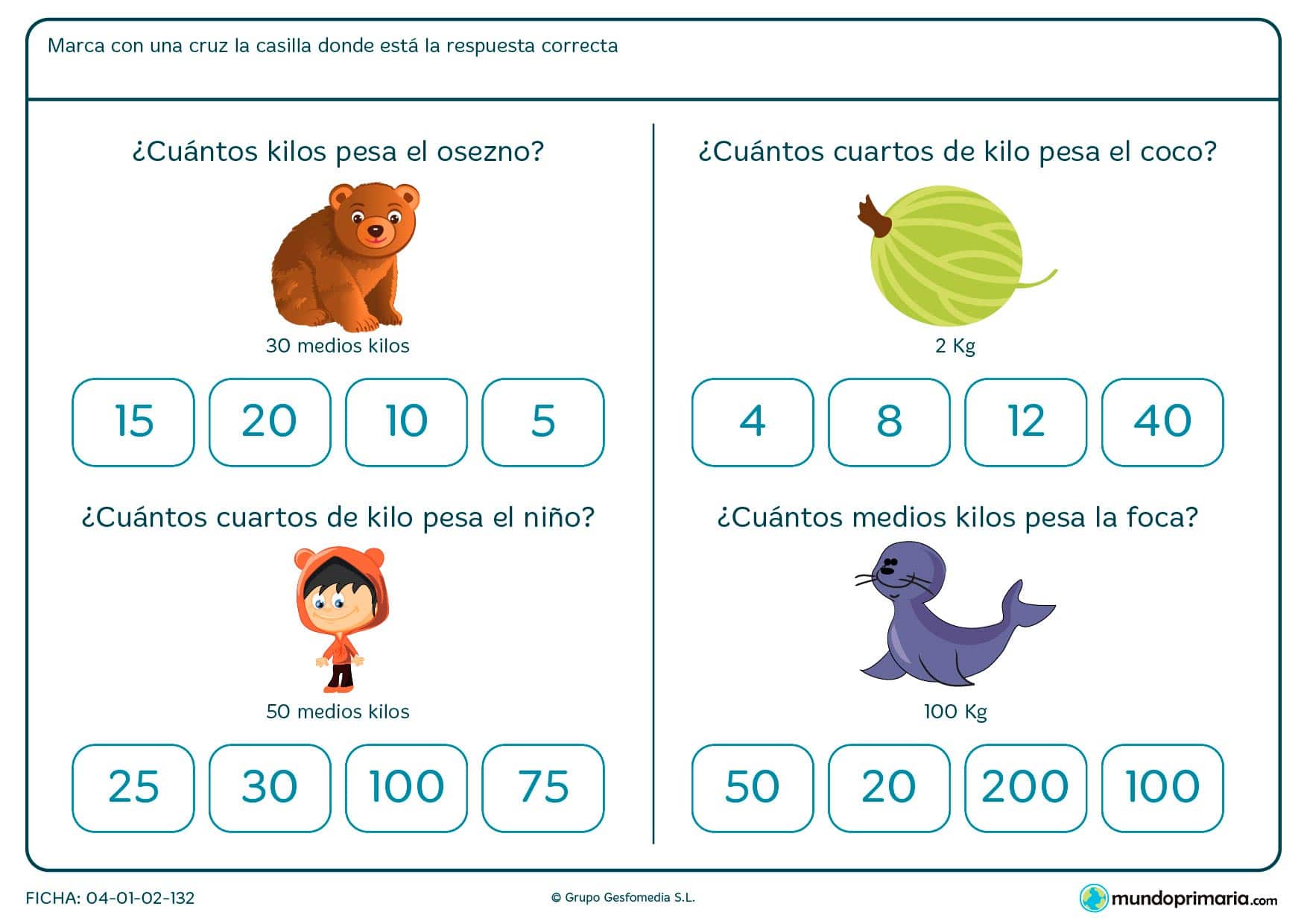 Ficha de correspondencia entre unidades de peso para niños de segundo de Primaria en la que seleccionarán la opción correcta de entre todas las posibles para la equivalencia entre unidades de peso.