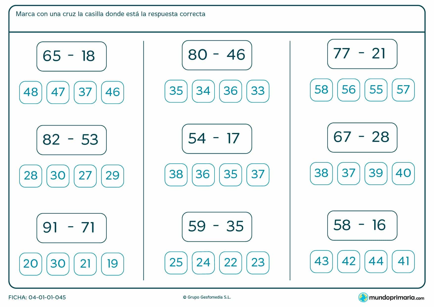 Ficha de cuál es el resultado de las restas para niños de siete a ocho años por las que los niños tendrán que repasar las restas y apuntar cuál es el resultado correcto de cada una de ellas.