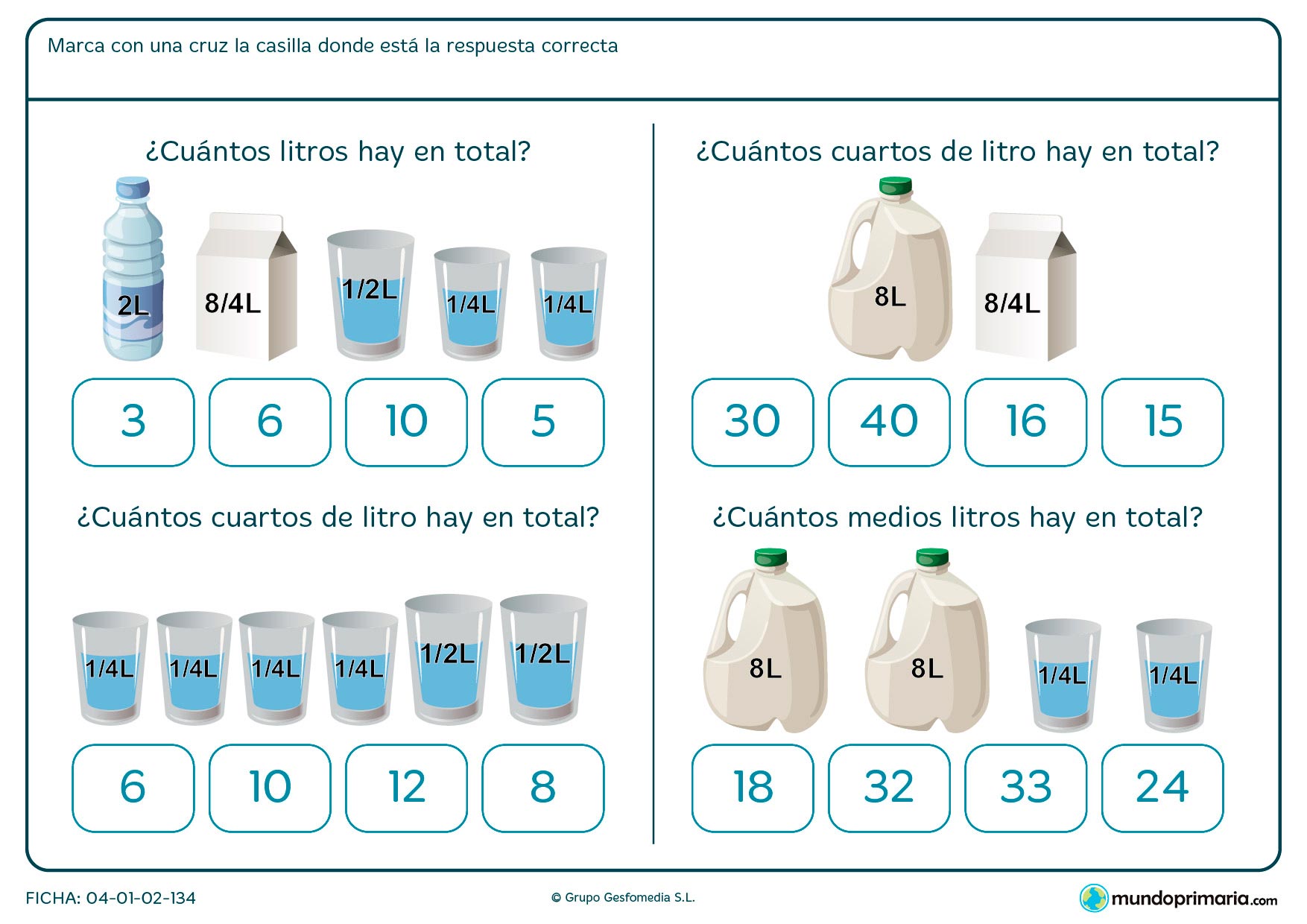 Ficha de cálculo de capacidad para niños de siete a ocho años en la que tendrán que manejar las unidades de capacidad y su equivalencia.