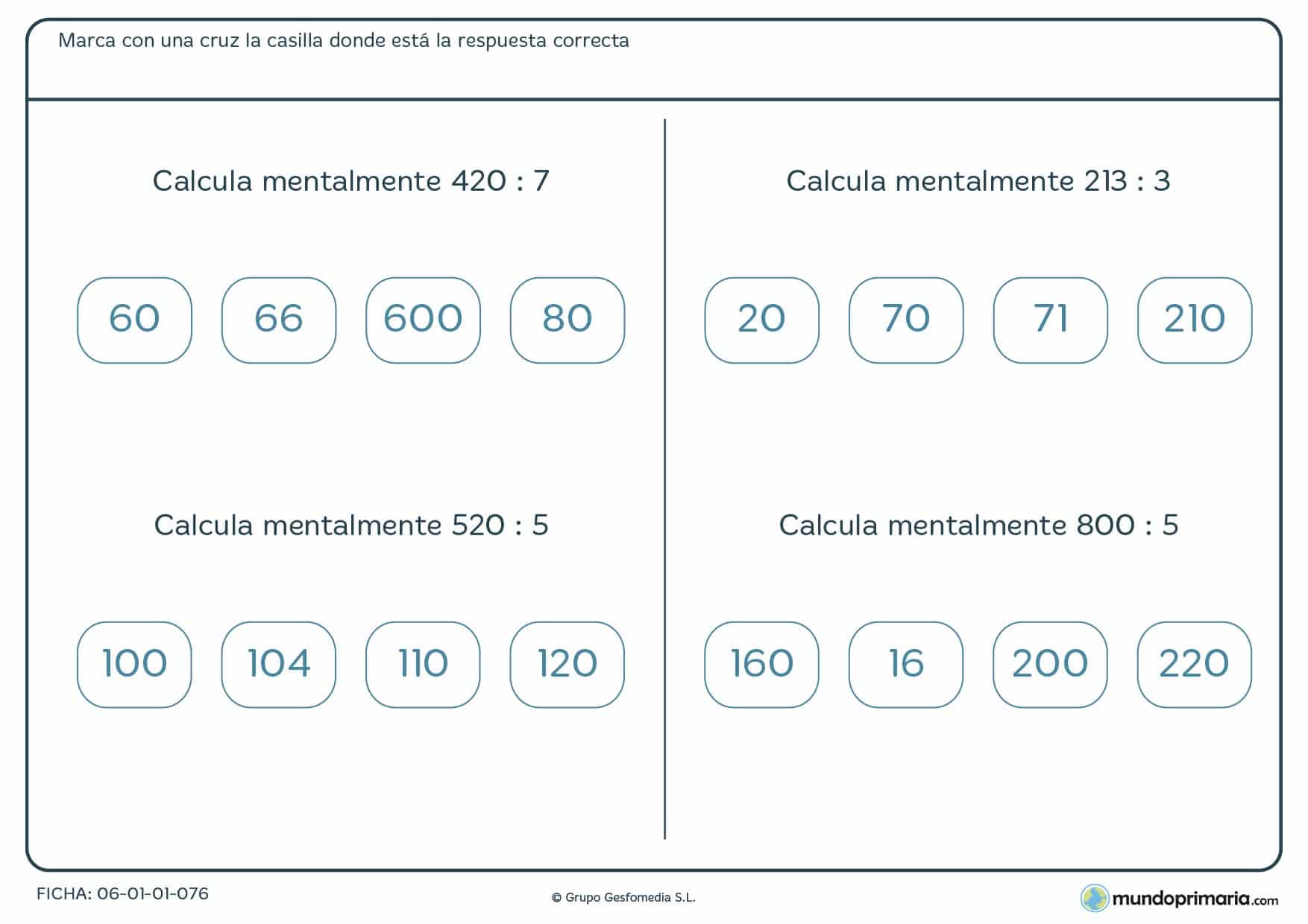 Ficha con cuatro divisiones de cálculo de divisiones exactas con ceros perfecta para cuatro de Primaria