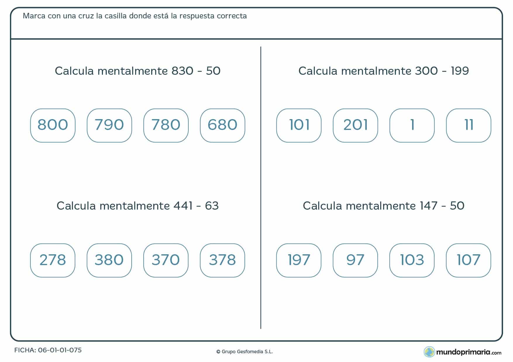 Ficha de cálculo mental de restas para alumnos de 4º de Primaria en la que mejorarán su destreza con cuatro ejercicios de restas