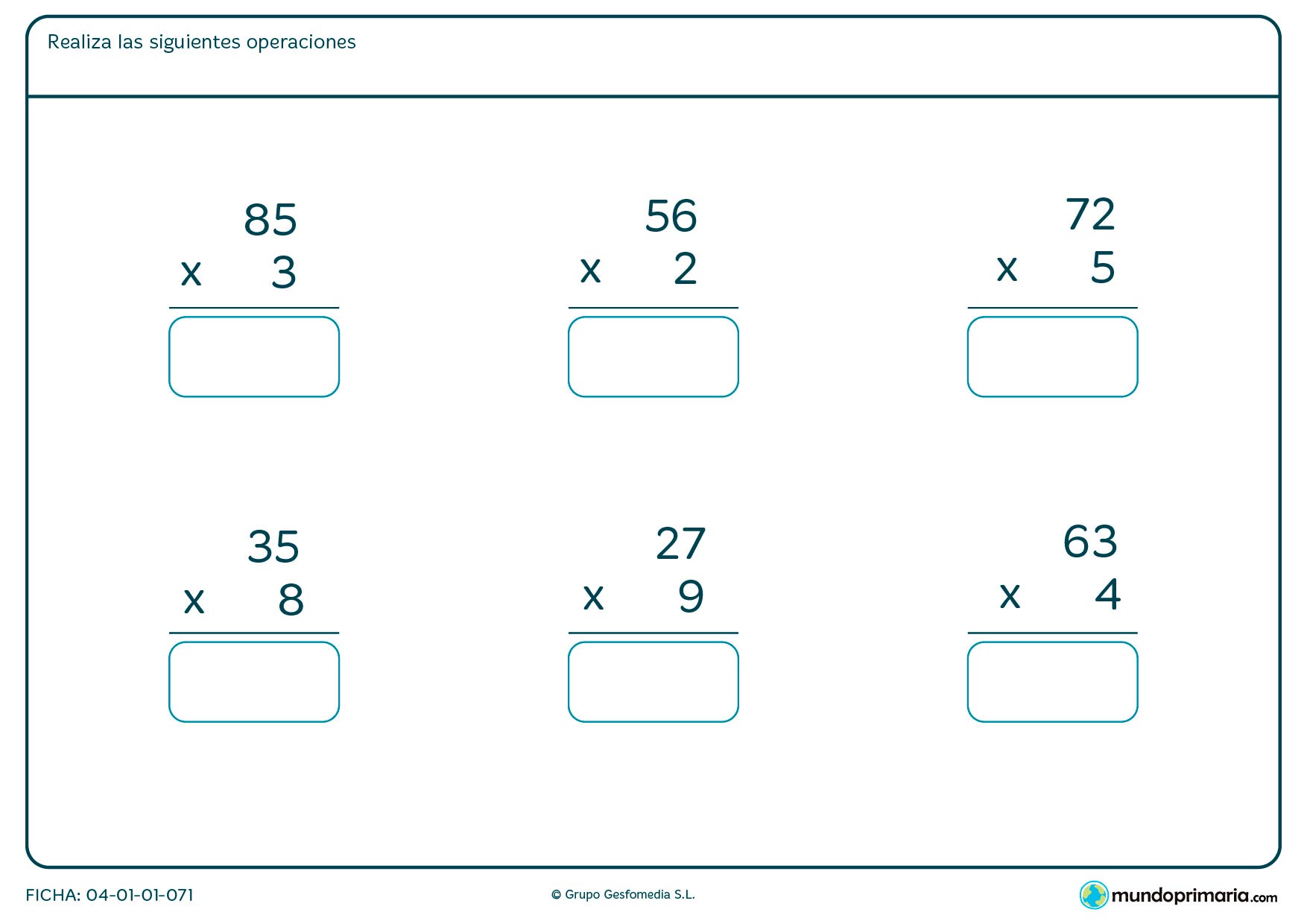 Ficha de dar el resultado de multiplicaciones fáciles para Primaria por la que los niños tendrán que solucionar las operaciones propuestas y escribir el resultado en el recuadro azul.