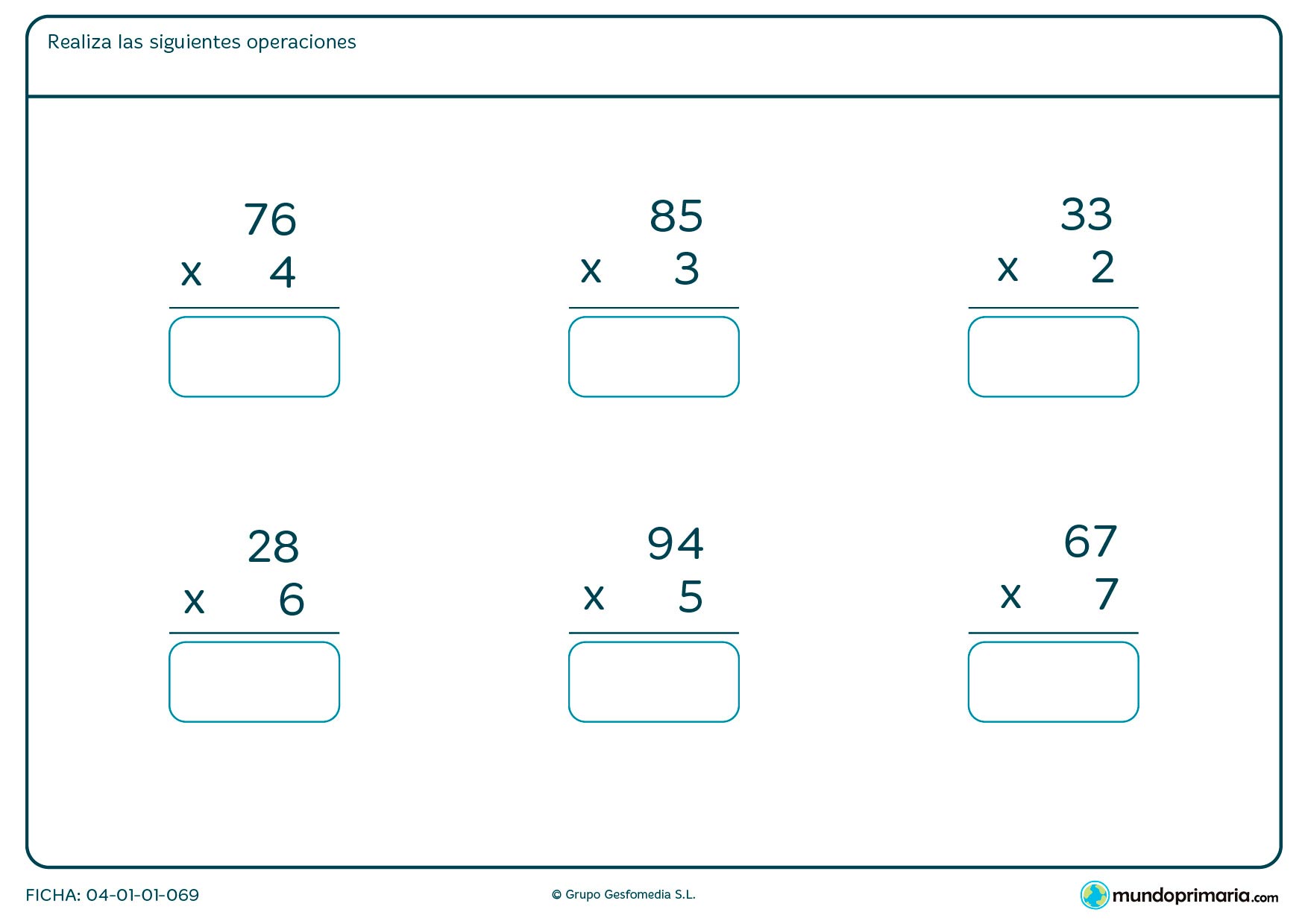 Ficha de dar la solución de multiplicaciones sencillas para segundo de Primaria por la que los niños tendrán que pensar el resultado de estas multiplicaciones y escribirlo en el recuadro.