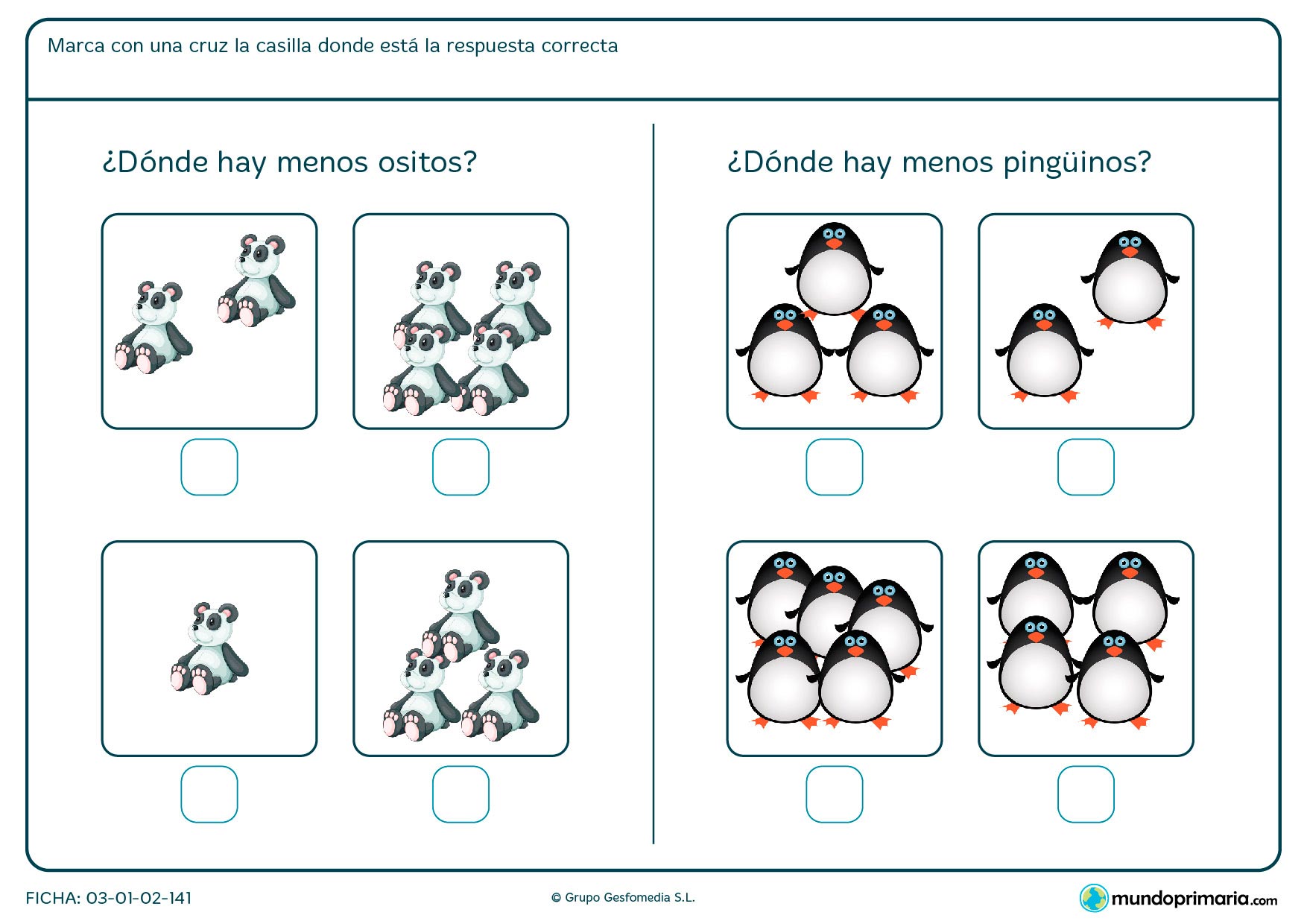 Ficha de elegir la imagen con menos animales en la que hay que indicar la opción correcta entre las que vienen en el ejercicio.