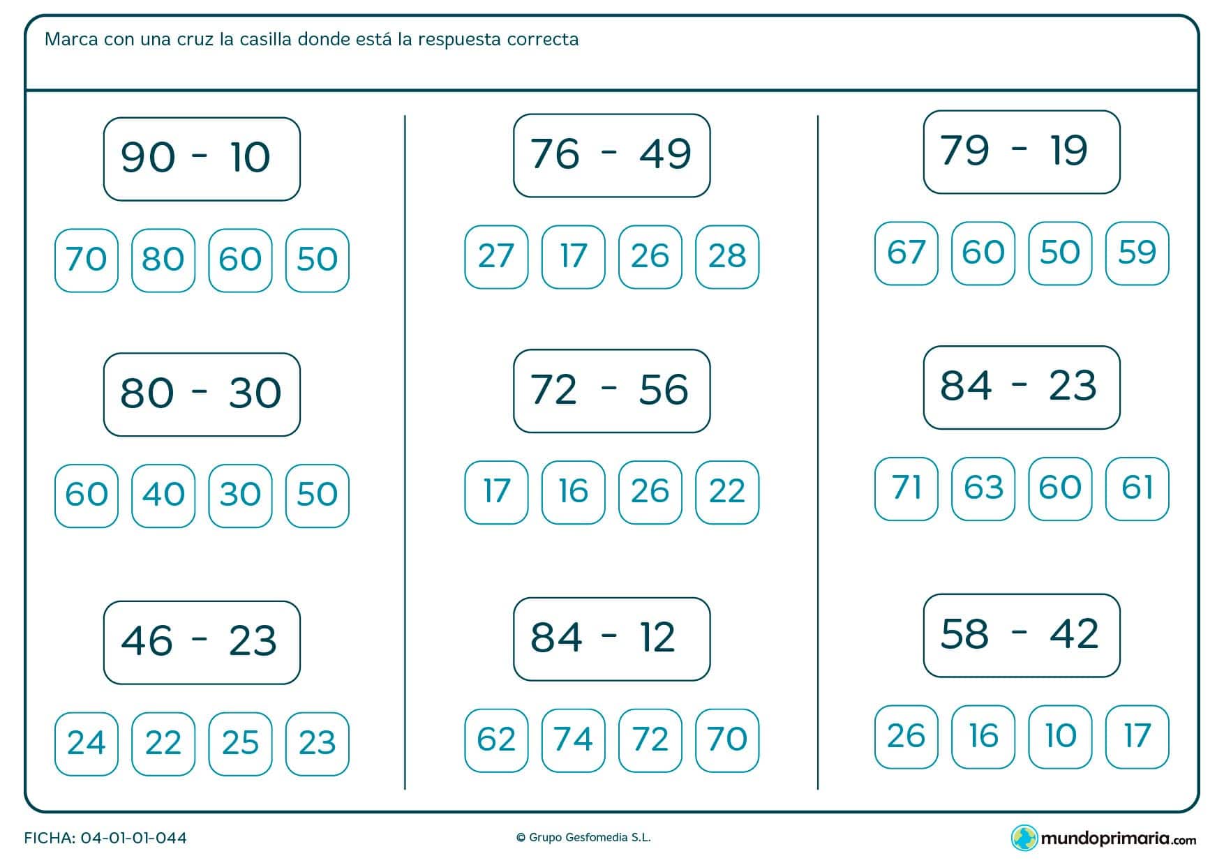 Ficha de encontrar la solución de las restas para segundo de Primaria por la que los niños tendrán que resolver las siguientes restas sencillas y señalar el resultado correcto de éstas.