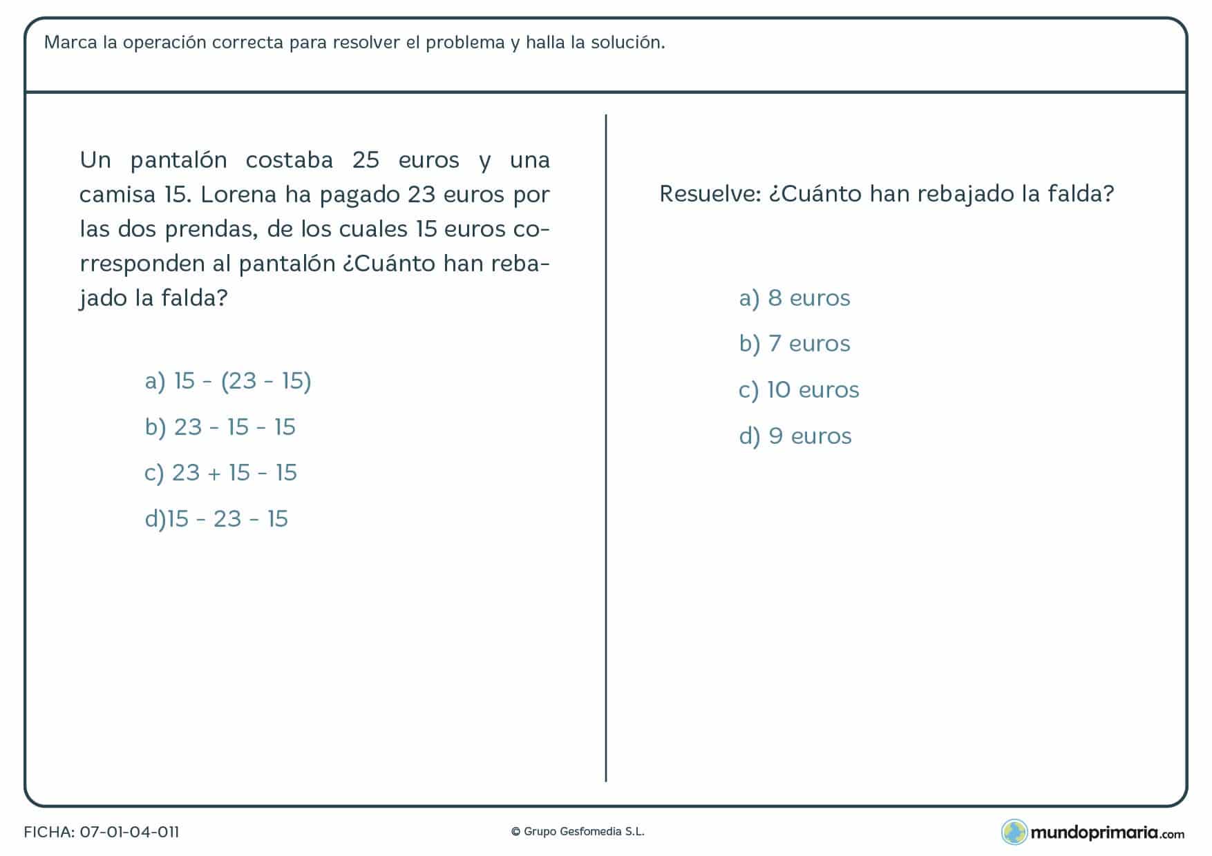 Ficha de encuentra la serie de operaciones correctas para niños de diez a once años por la que tendrán que marcar la serie de operaciones correcta según el orden y atendiendo al enunciado.