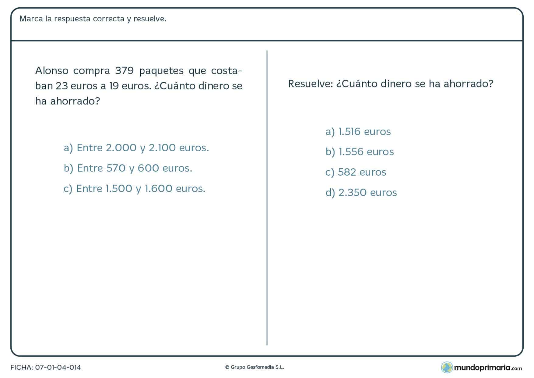 Ficha de estimaciones para resolver el enunciado para niños de diez a once años por la que tendrán que resolver el problema estimando cuál será el resultado. Para ello, marcarán la solución entre las posibilidades propuestas.