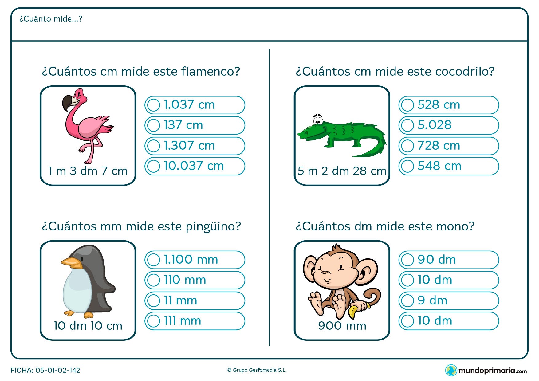 Ficha de medidas de longitud en las que has de convertir la unidad de medida de las respuestas a la misma de la pregunta para poder sacar la que es igual.
