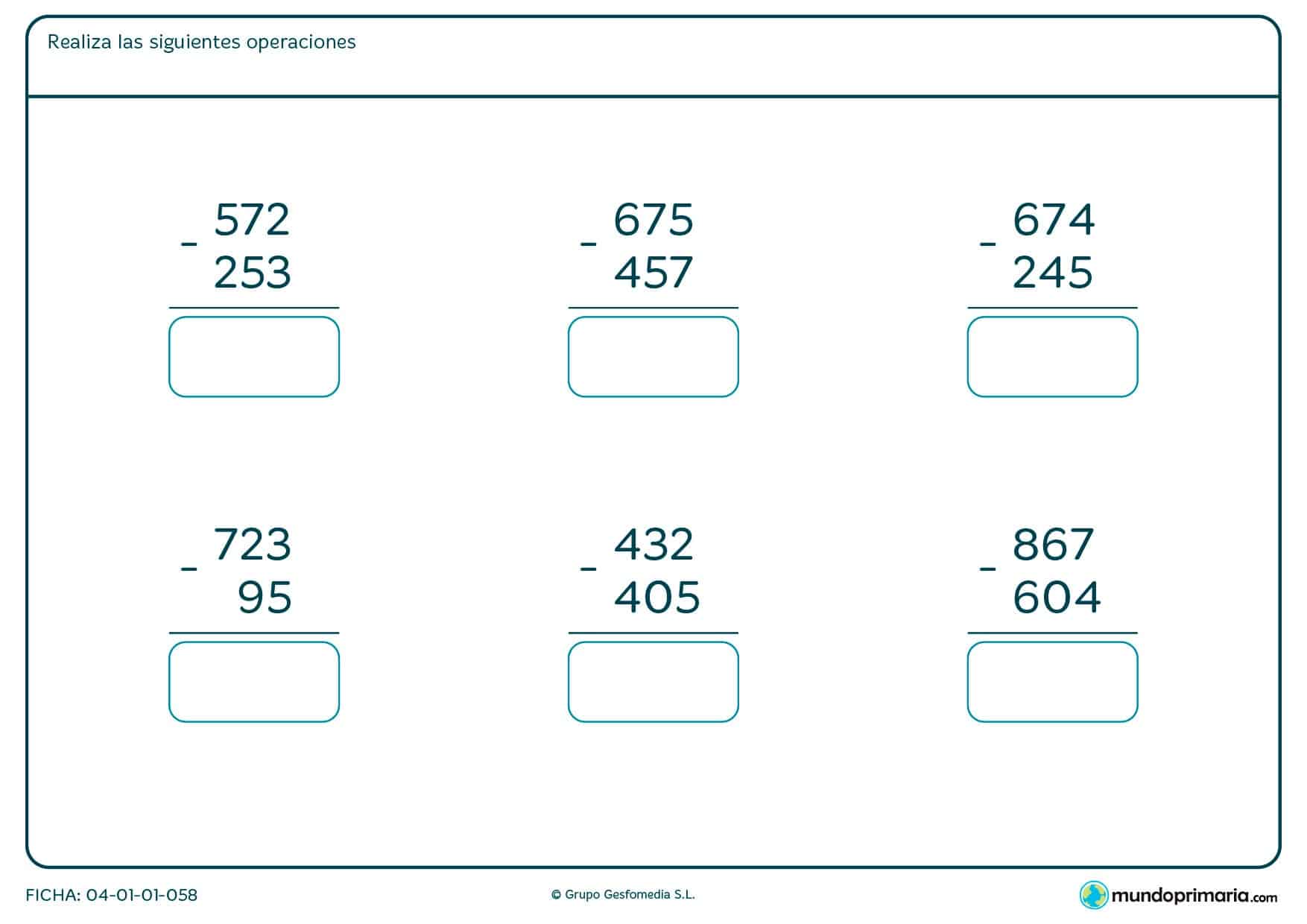 Ficha de hacer restas de tres cifras para niños de siete a ocho años por la que tendrán que solucionar las restas que aparecen y escribir el resultado dentro del recuadro.