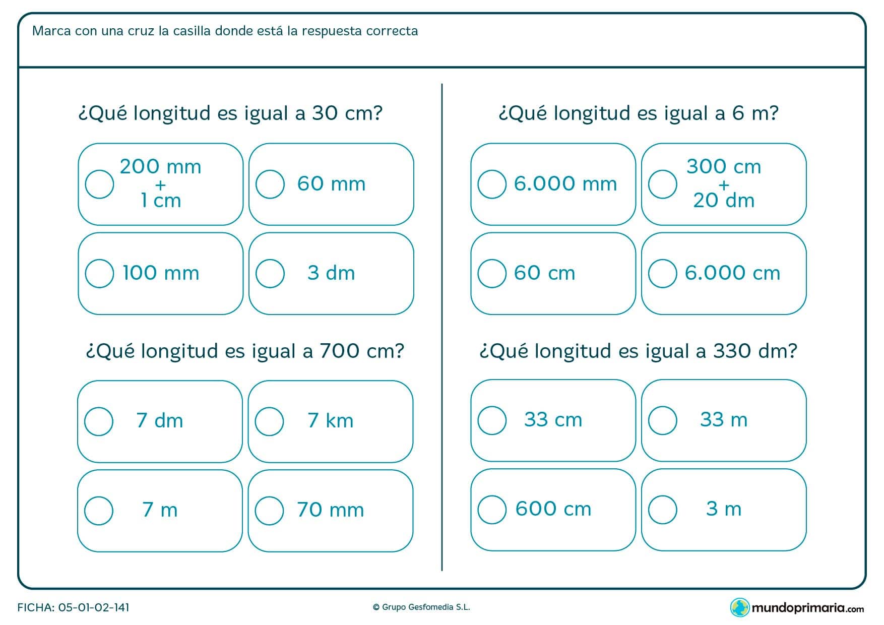 Ficha de longitudes iguales en la que deberás averiguar la medida igual a la que te damos.