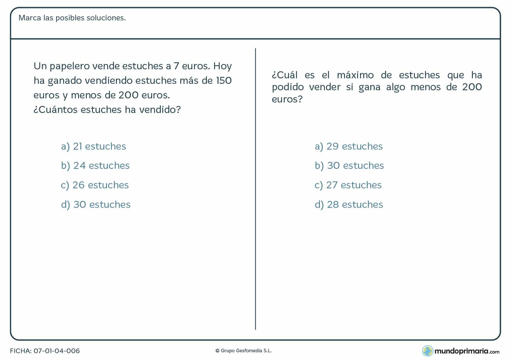 Ficha de hallar el resultado haciendo varias operaciones para Primaria por la que los niños tendrán que realizar varias operaciones conjuntas y elegir las posibles soluciones entre las dadas.