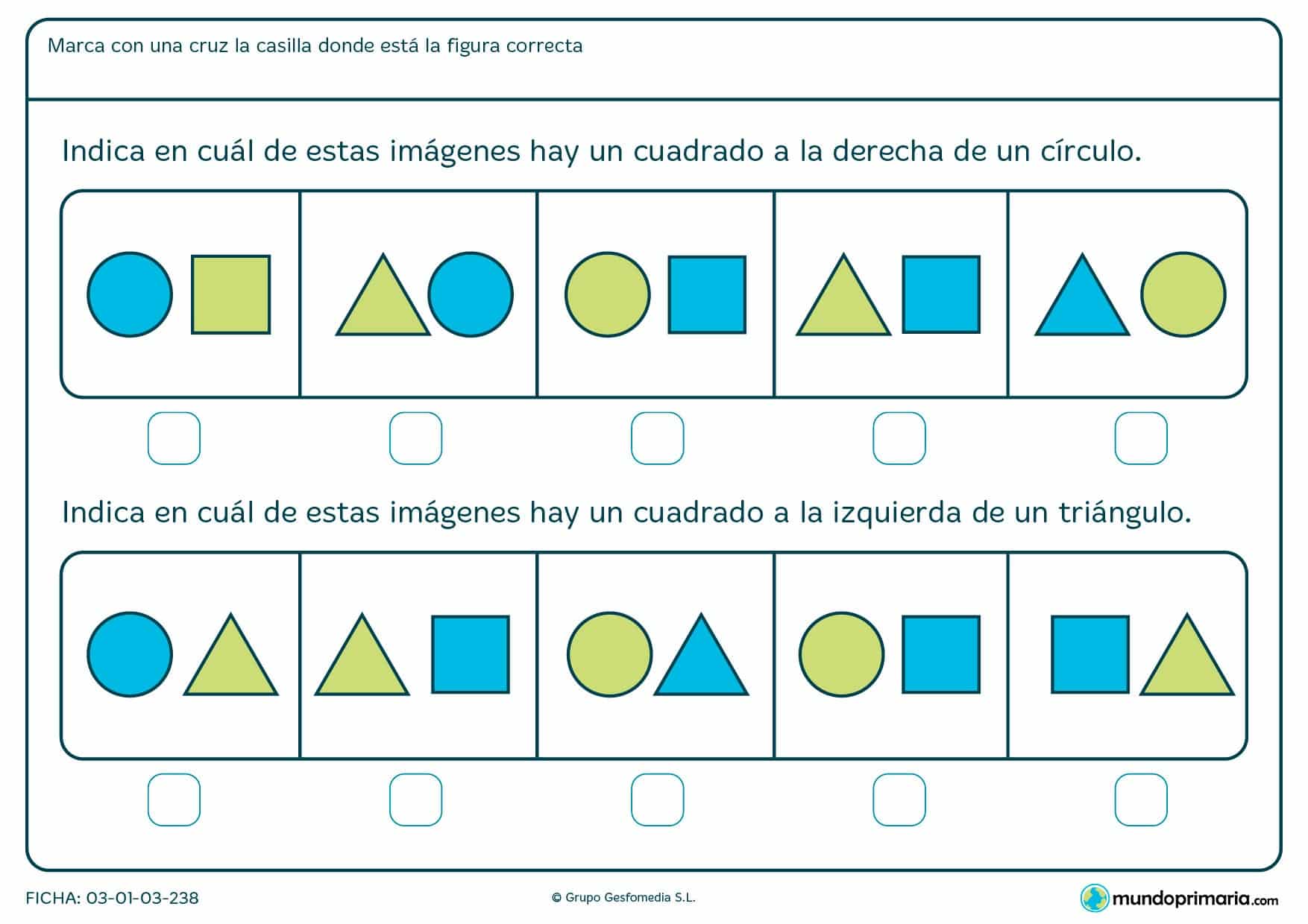 Ficha de identificar cuadrados y posición en la que hay que indicar cuál de las imágenes es la correcta.