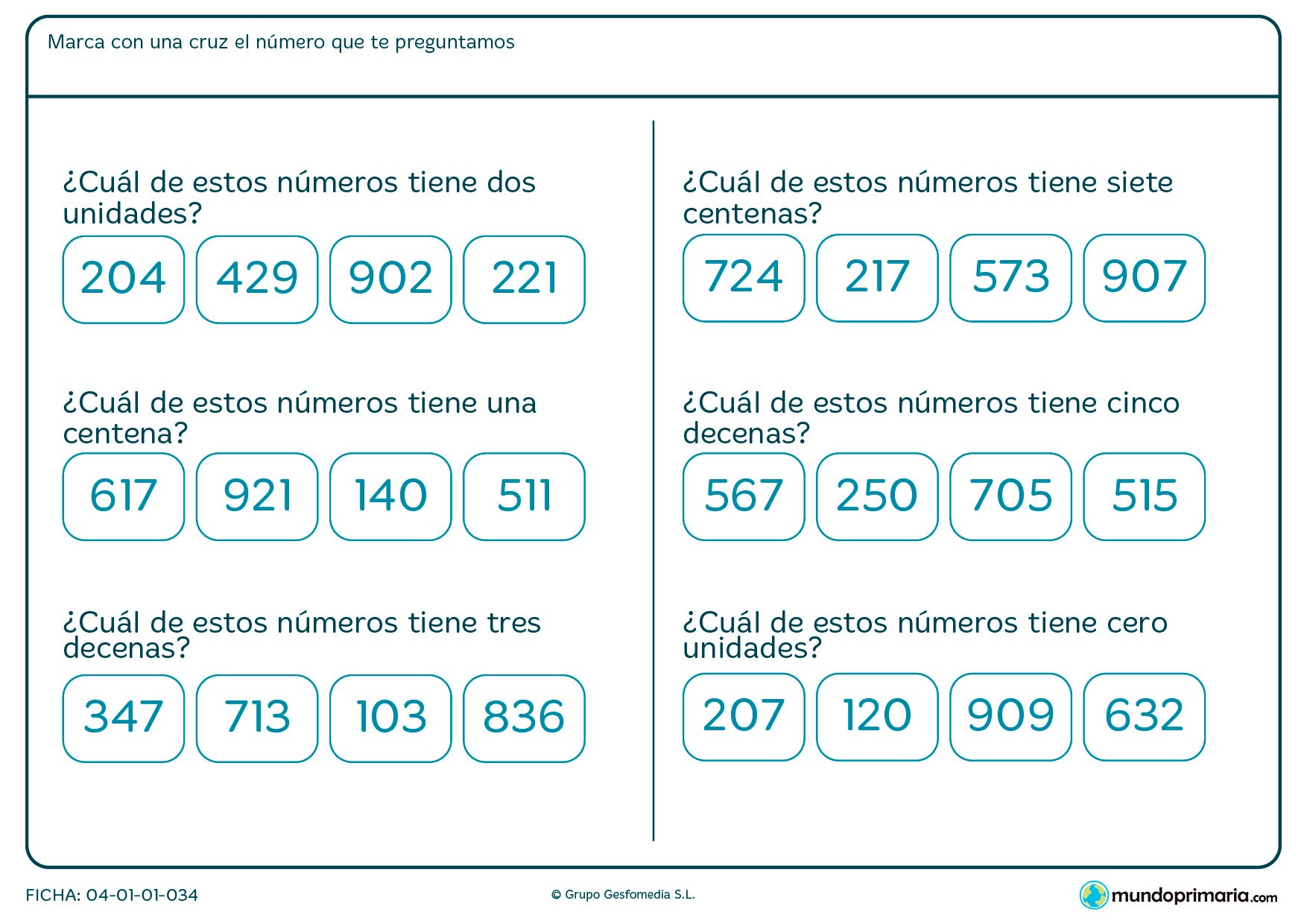 Ficha de indicar el número con dos unidades para Primaria por la que los niños tendrán que leer las condiciones pedidas y elegir el número que las cumple.