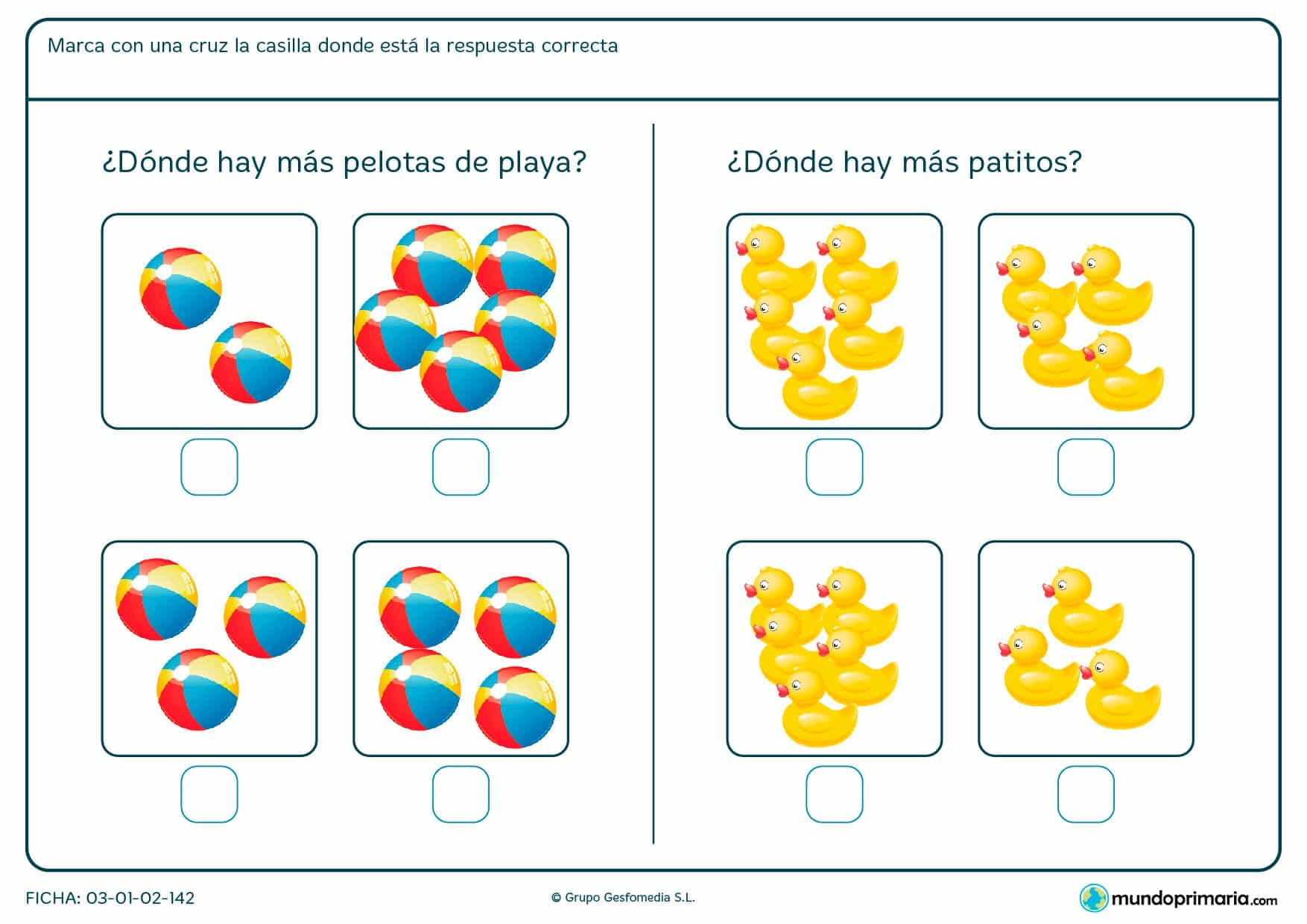 Ficha de indicar la imagen con mayor cantidad en el que hay que elegir la imagen correspondiente de entre las opciones propuestas.