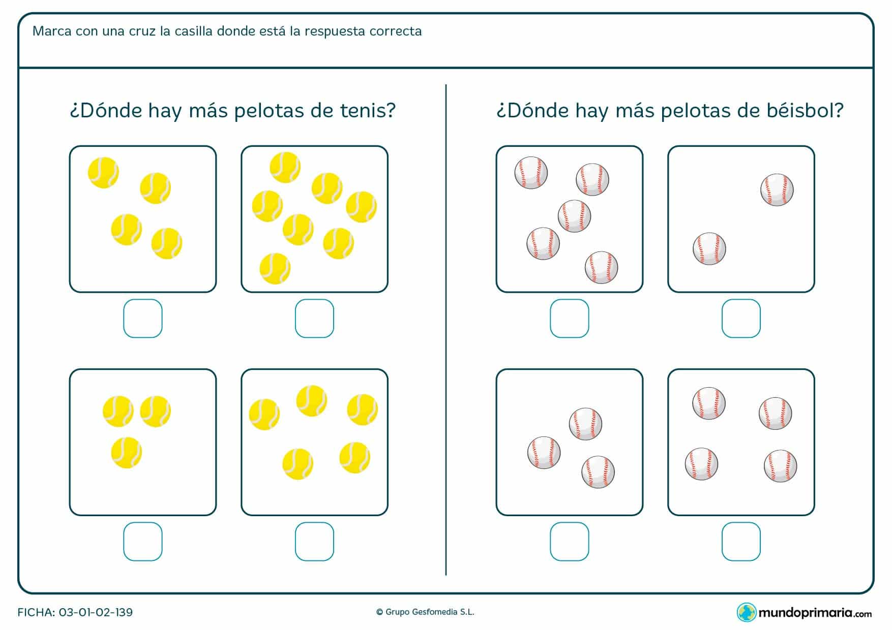 Ficha de indicar la imagen con más pelotas en el que hay que marcar la casilla correspondiente con una cruz.