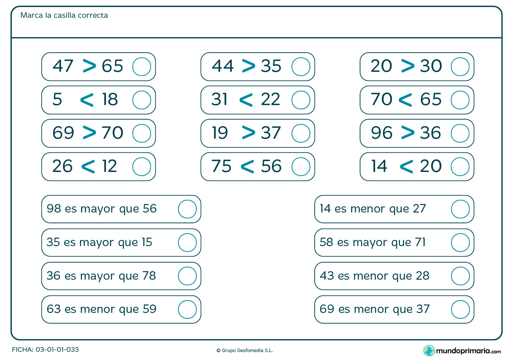 Ficha de indicar mayor o menor que en el que hay que indicar cuál de las casillas es verdadera.