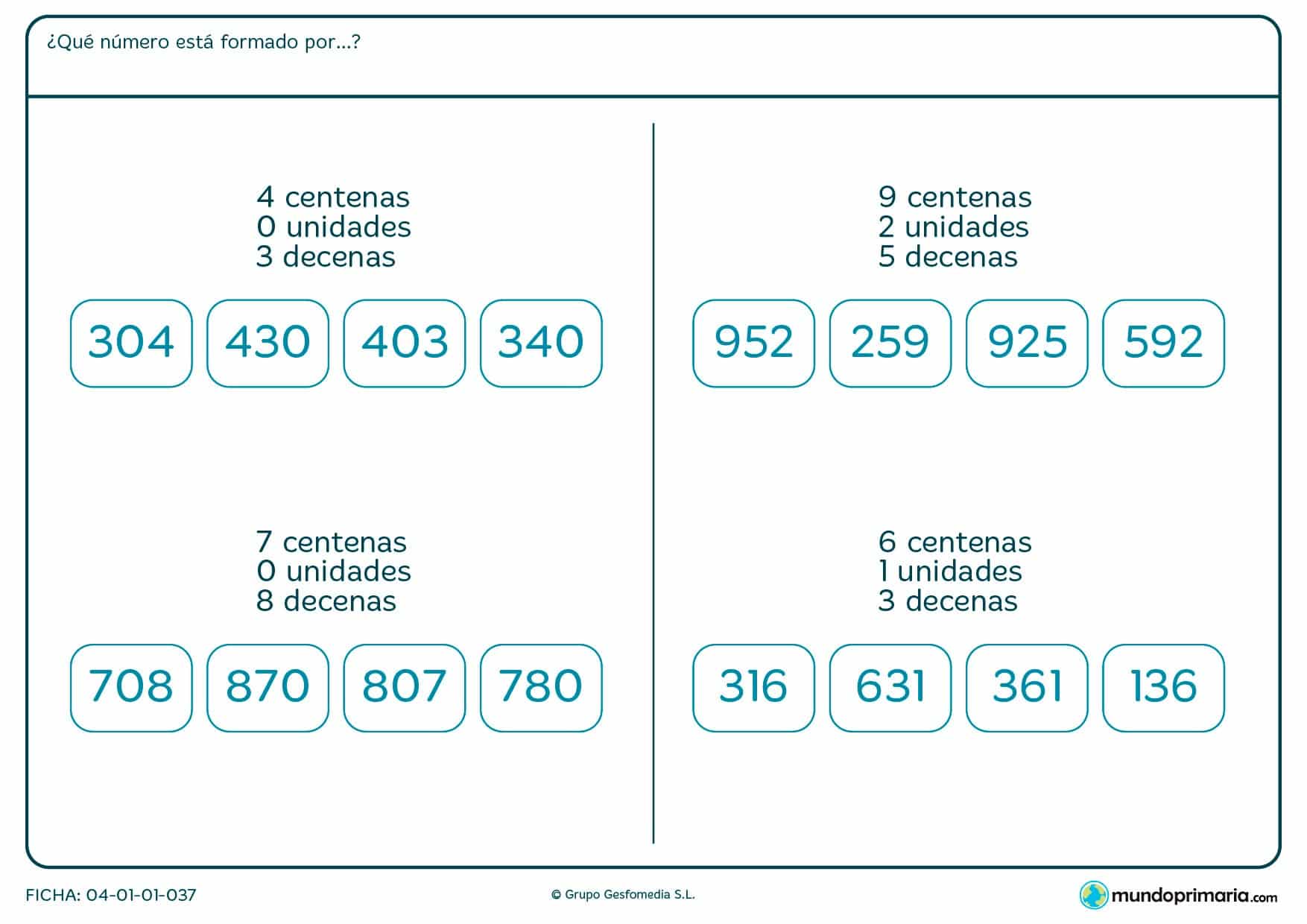 Ficha de indicar qué número está formado por una unidad para Primaria por la que los niños tendrán que elegir qué número cumple los requisitos.