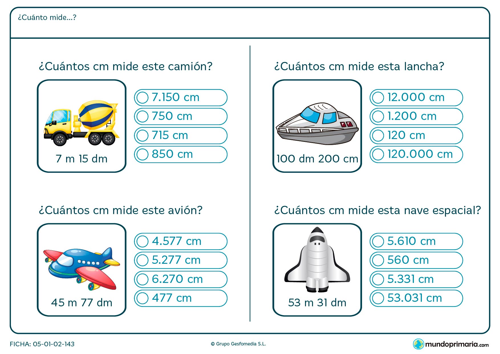 Ficha de paso de expresiones complejas a simples con unidades de longitud.