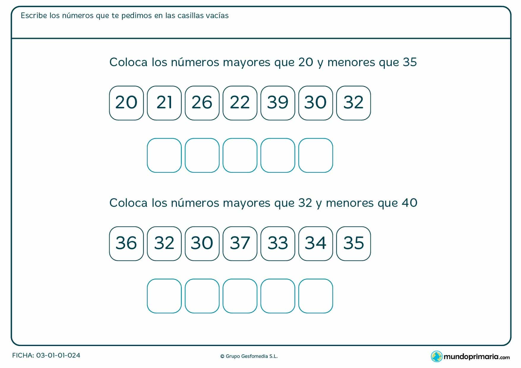 Ficha de los números mayores que 20 en el que hay que colocar los números que se te piden en las casillas que están vacías.