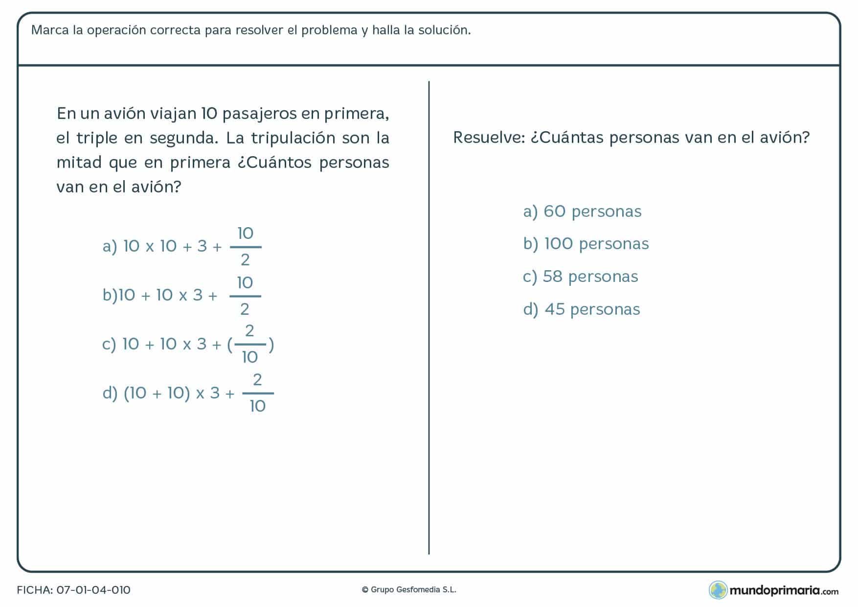 Ficha de marcar la combinación de operaciones correcta