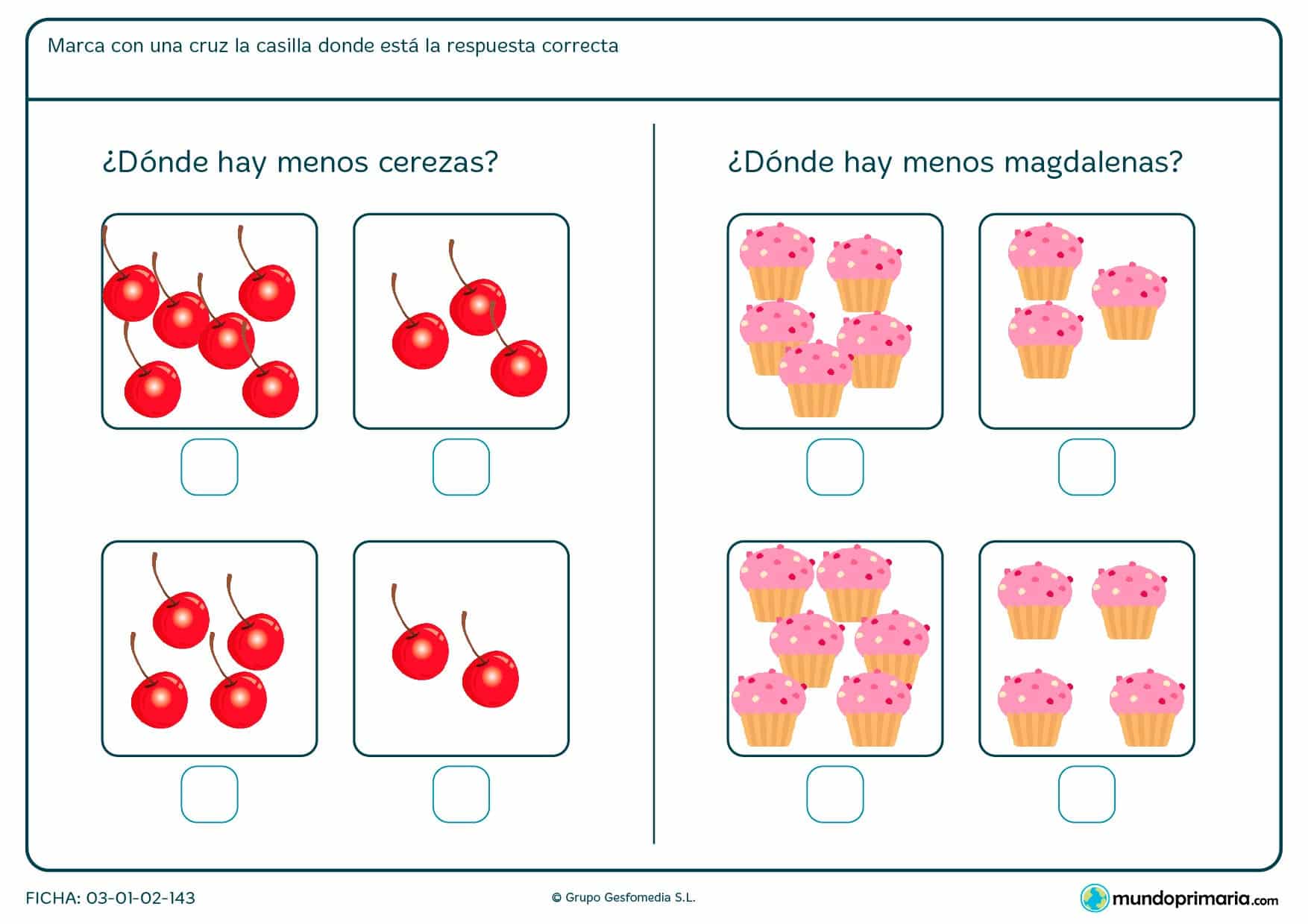 Ficha de marcar la imagen con menos comida en el que hay que marcar la casilla que corresponde a lo que pide en el enunciado.