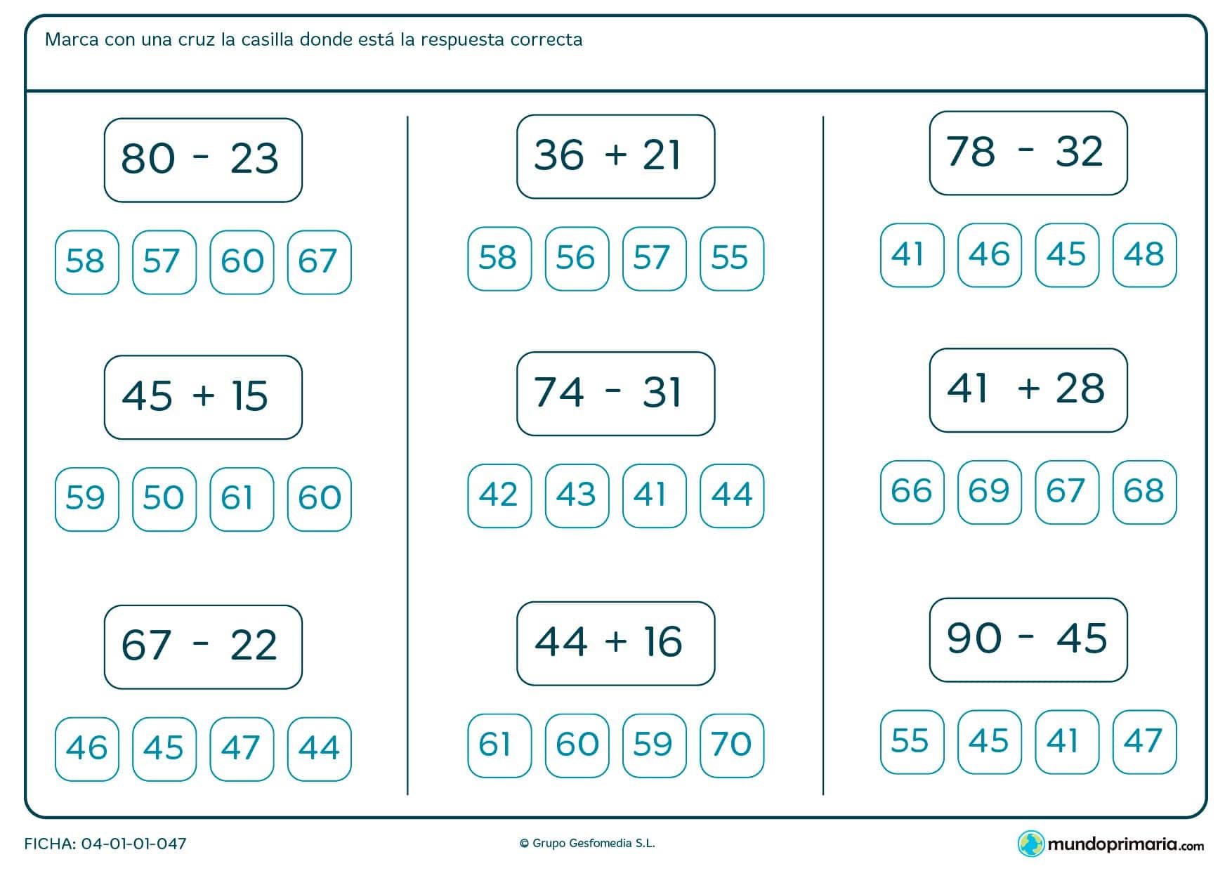Ficha de marcar la respuesta de las sumas y restas para segundo de Primaria por la que los niños tendrán que señalar el resultado de cada operación en cada caso.