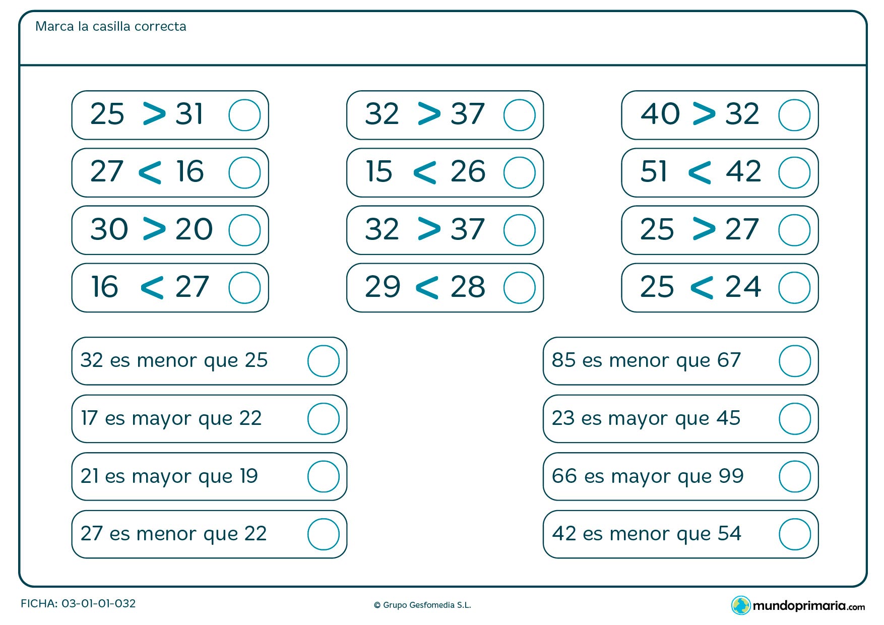 Ficha de marcar las casillas correctas en la que hay que ver qué número es mayor o menor.