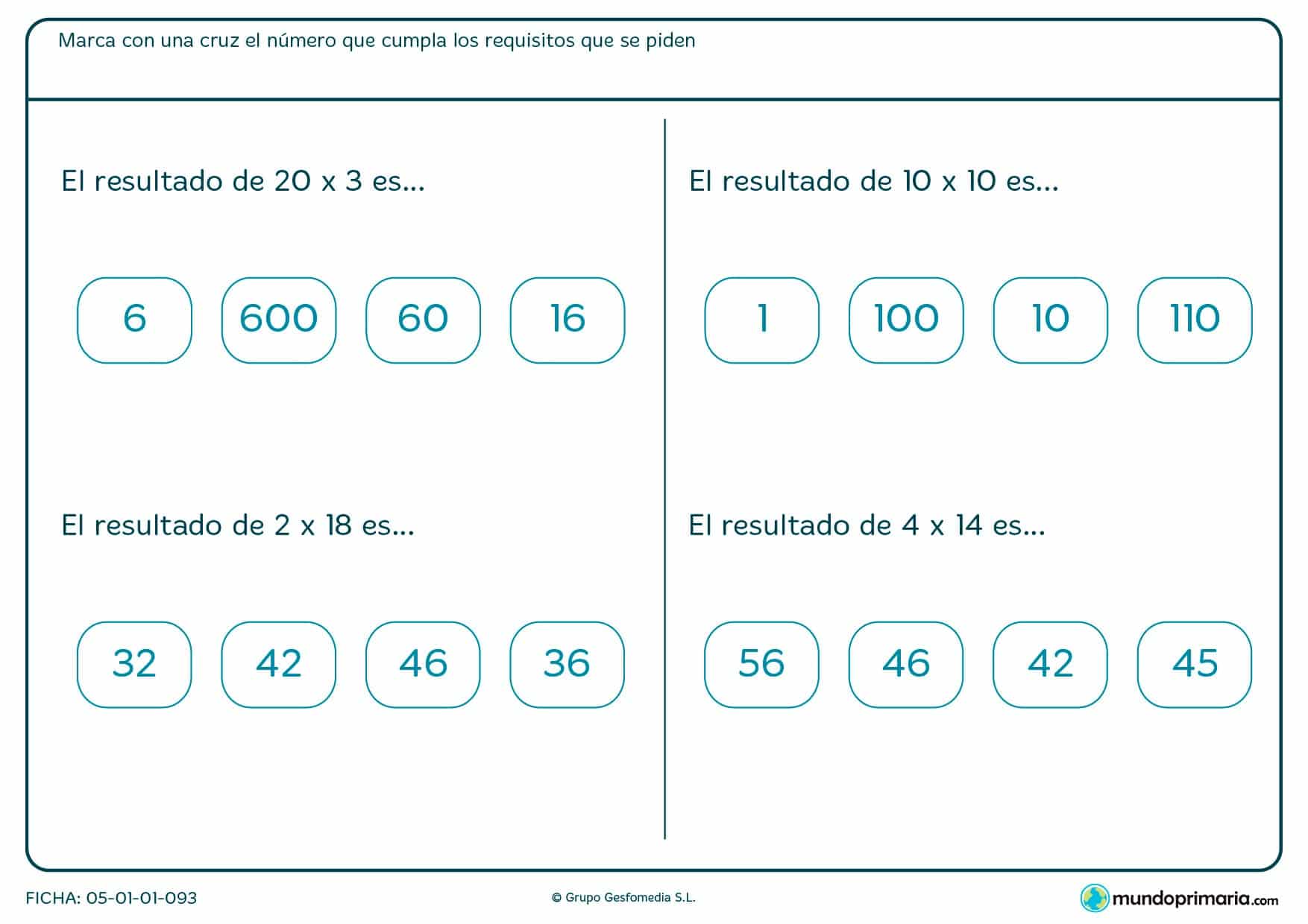 Señala las soluciones para estas multiplicaciones de números de dos cifras.