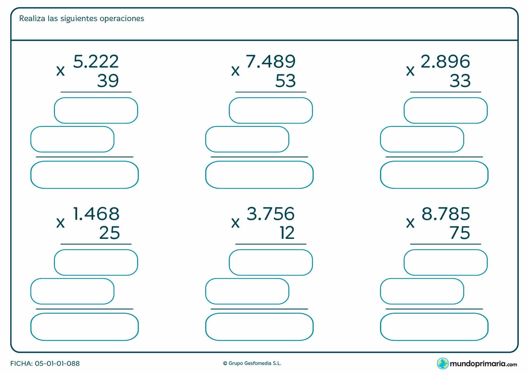 Multiplica estos números de cuatro cifras por los números de dos cifras propuestos en la ficha.