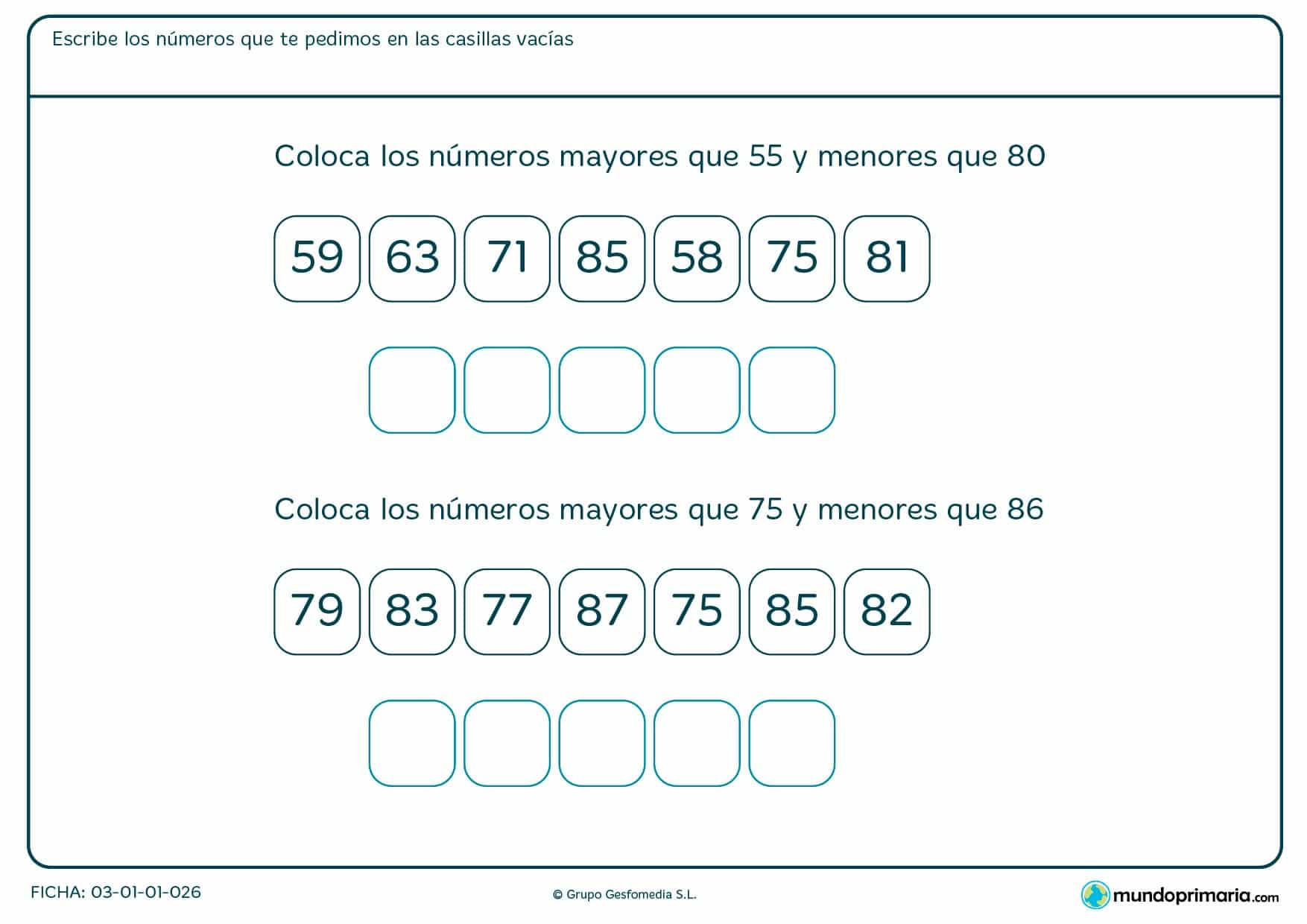 Ficha de números entre el 55 y el 80 en el que hay que colocar estos números en las casillas indicadas.
