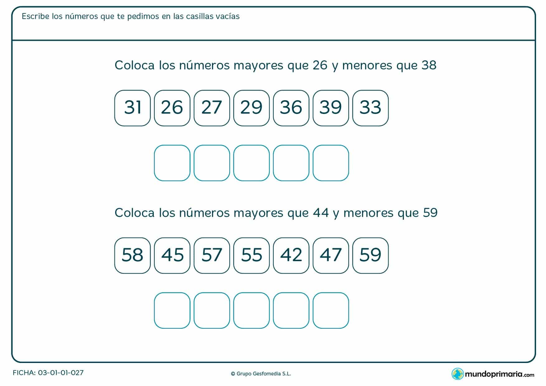 Ficha de números situados entre 26 y 38 en el que hay que poner los números correspondientes en las casillas vacías.
