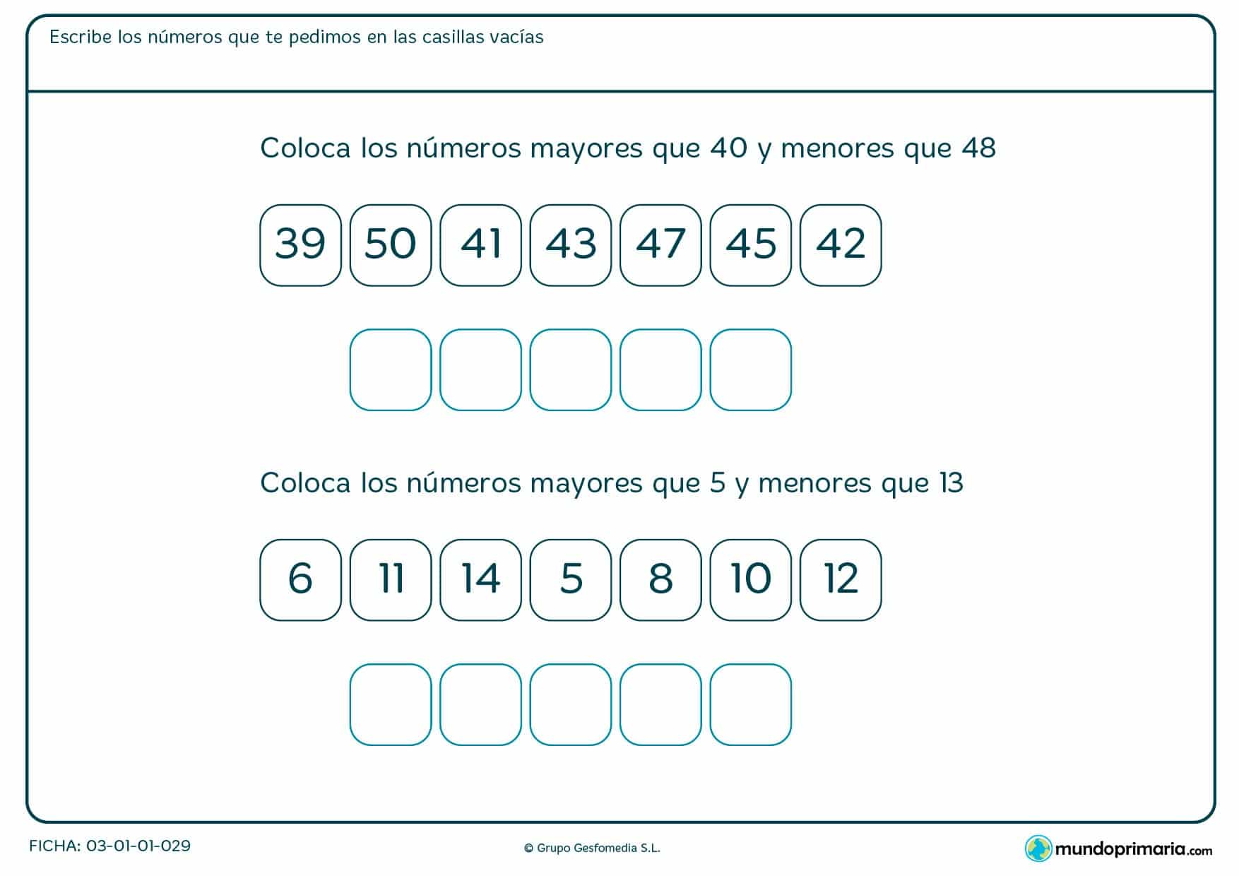 Ficha de poner números entre el 40 y el 48 en las casillas que están vacías tal como te pide en el enunciado.