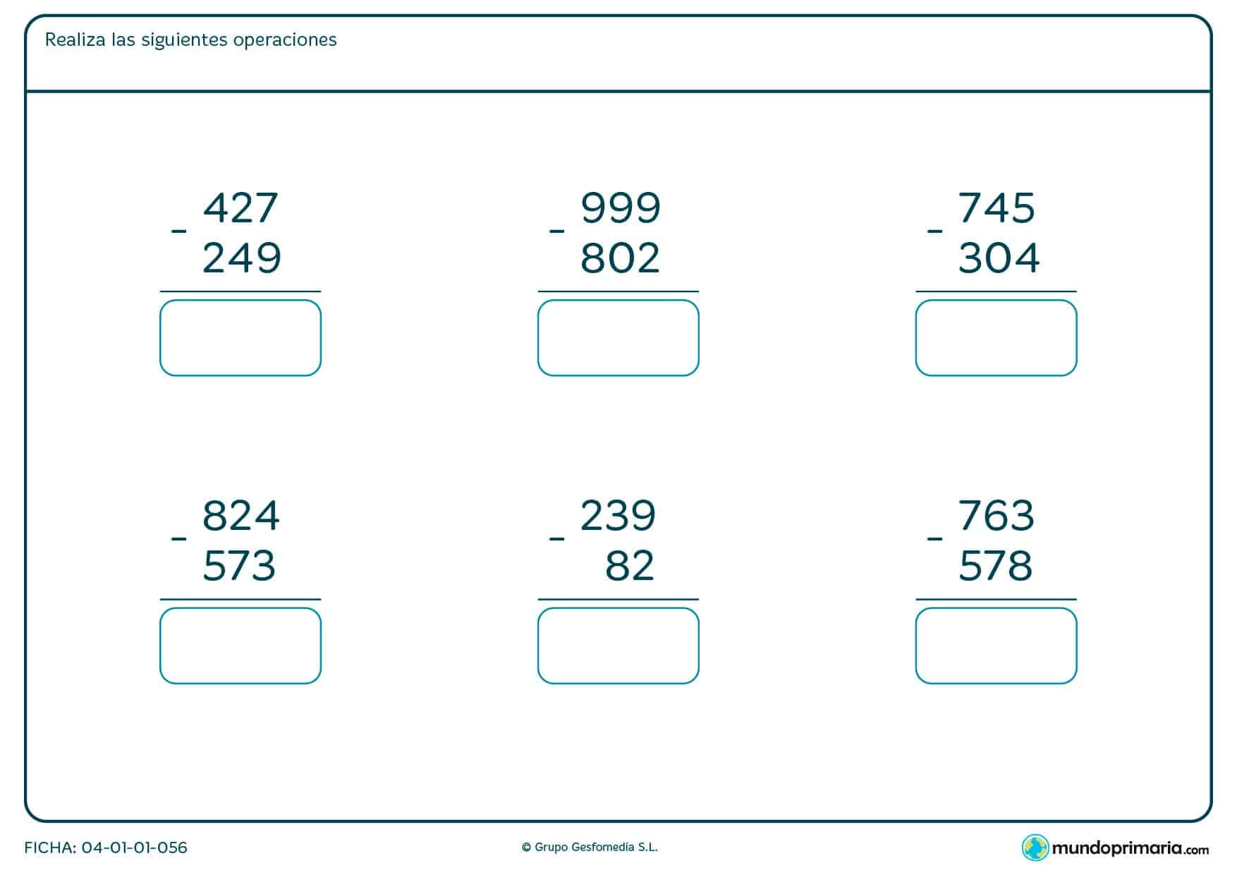 Ficha de practicar restas de tres cifras para Primaria por la que los niños tendrán que realizar las restas propuestas y anotar el resultado debajo de ellas.