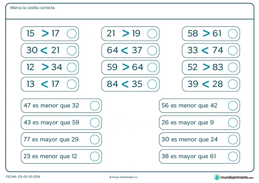 Ficha de qué signos de mayor o menor son correctos para Primaria